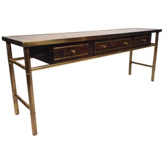 Midcentury Burl Wood and Brass Console Table by Mastercraft