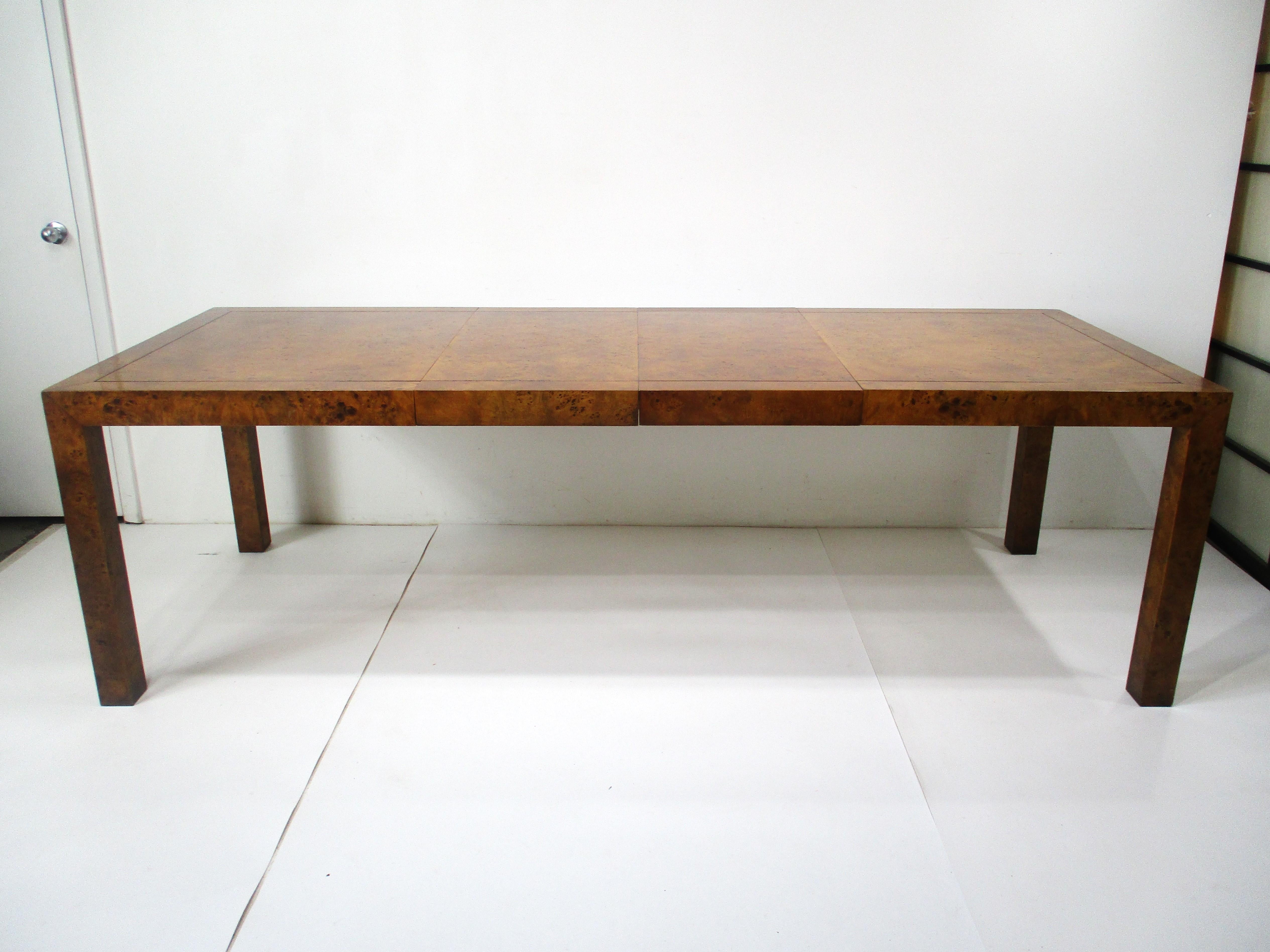 American Mid Century Burl Wood Dining Table in the style of Milo Baughman 