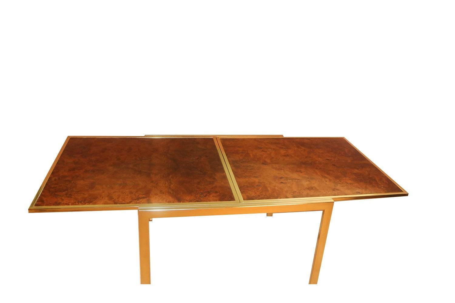 Mid-Century Modern Midcentury Burl Wood  Brass Extension Table Milo Baughman Style