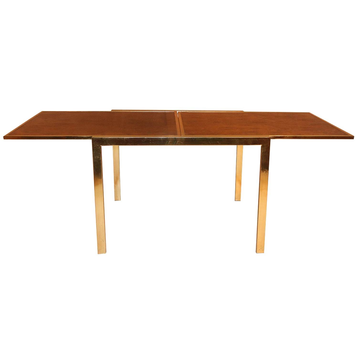 Midcentury Burl Wood  Brass Extension Table Milo Baughman Style