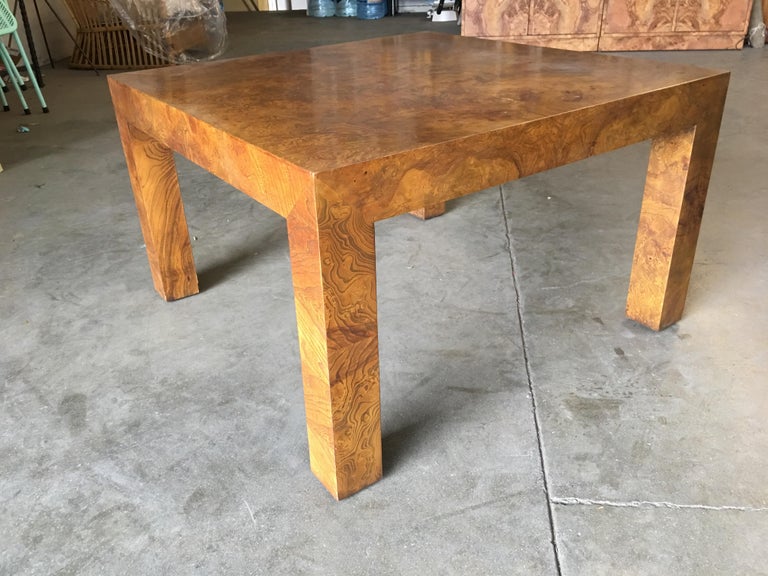American Midcentury Burl Wood Parsons Coffee Table in the Milo Baughman Style For Sale