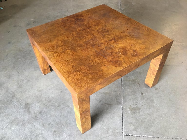 Midcentury Burl Wood Parsons Coffee Table in the Milo Baughman Style In Excellent Condition For Sale In Van Nuys, CA