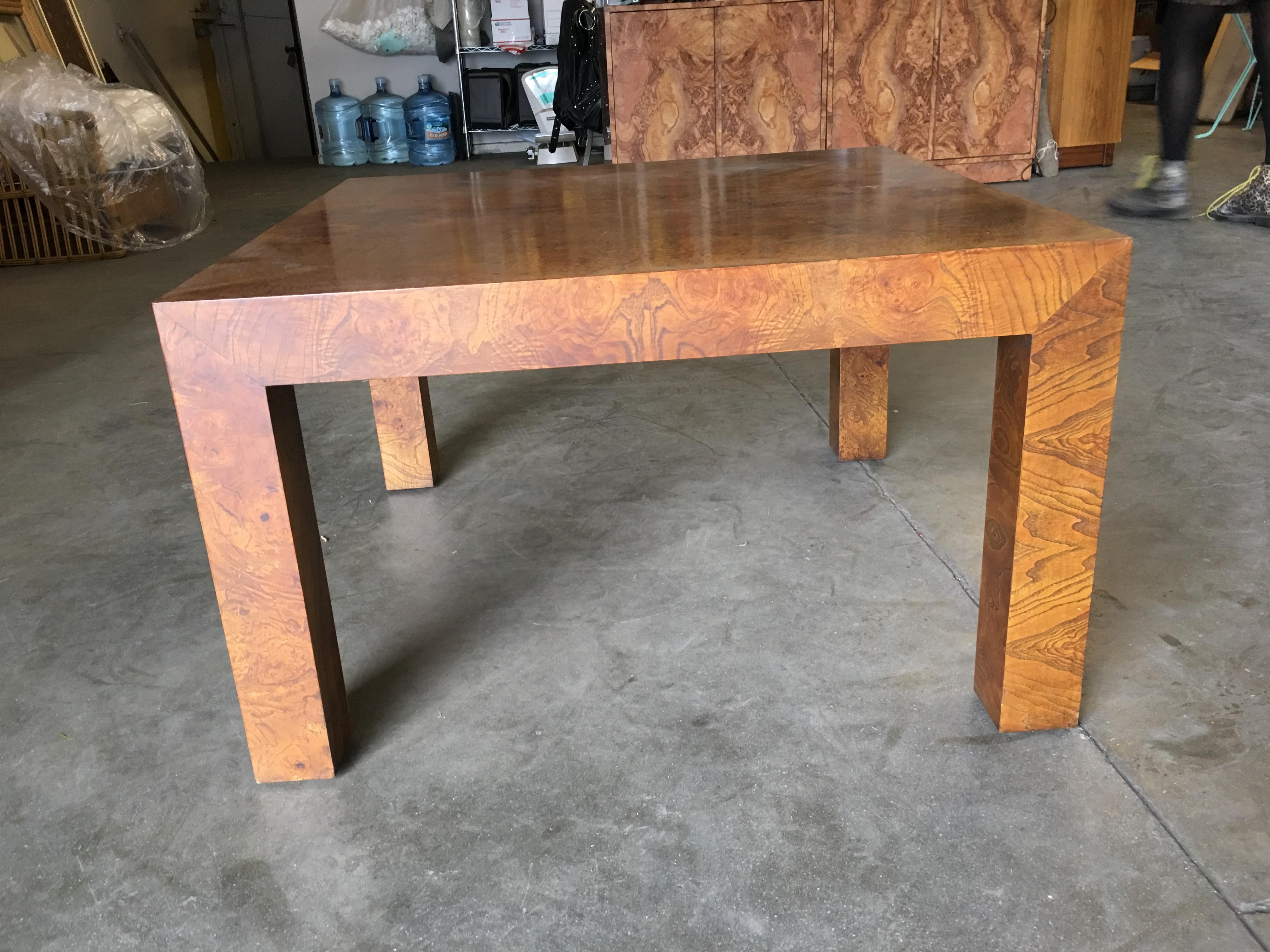American Midcentury Burl Wood Parsons Coffee Table in the Milo Baughman Style For Sale
