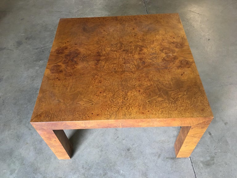 Midcentury Burl Wood Parsons Coffee Table in the Milo Baughman Style For Sale 2