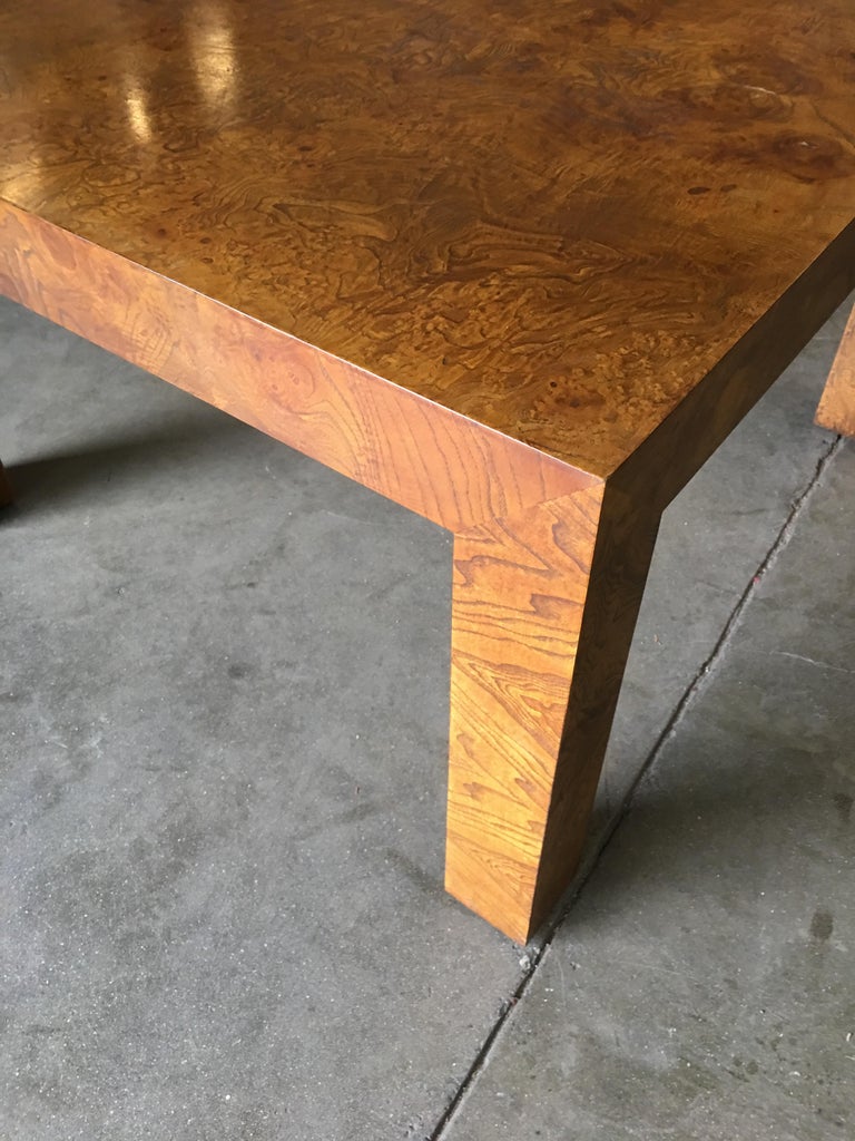 Midcentury Burl Wood Parsons Coffee Table in the Milo Baughman Style For Sale 3