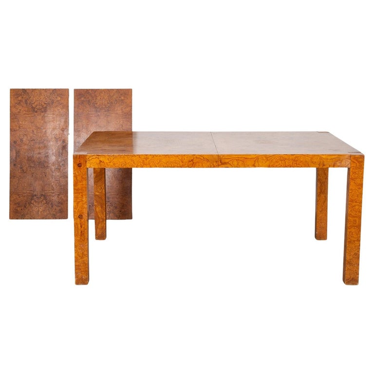 Mid-Century Burl Wood Parsons Dining Table in the Style of Milo