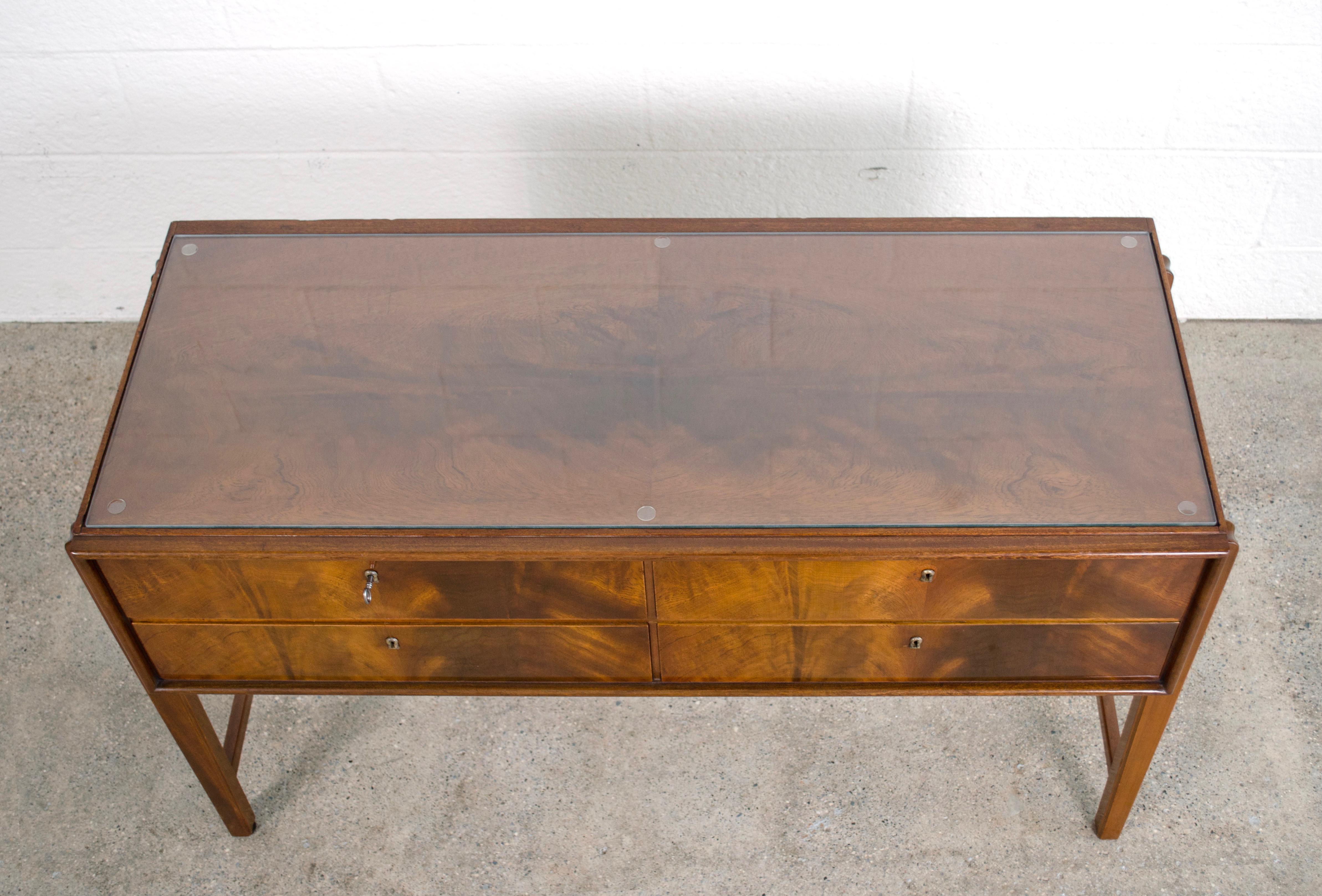 Mid-20th Century Midcentury Burl Wood Sideboard Credenza with Glass Top, 1960s For Sale