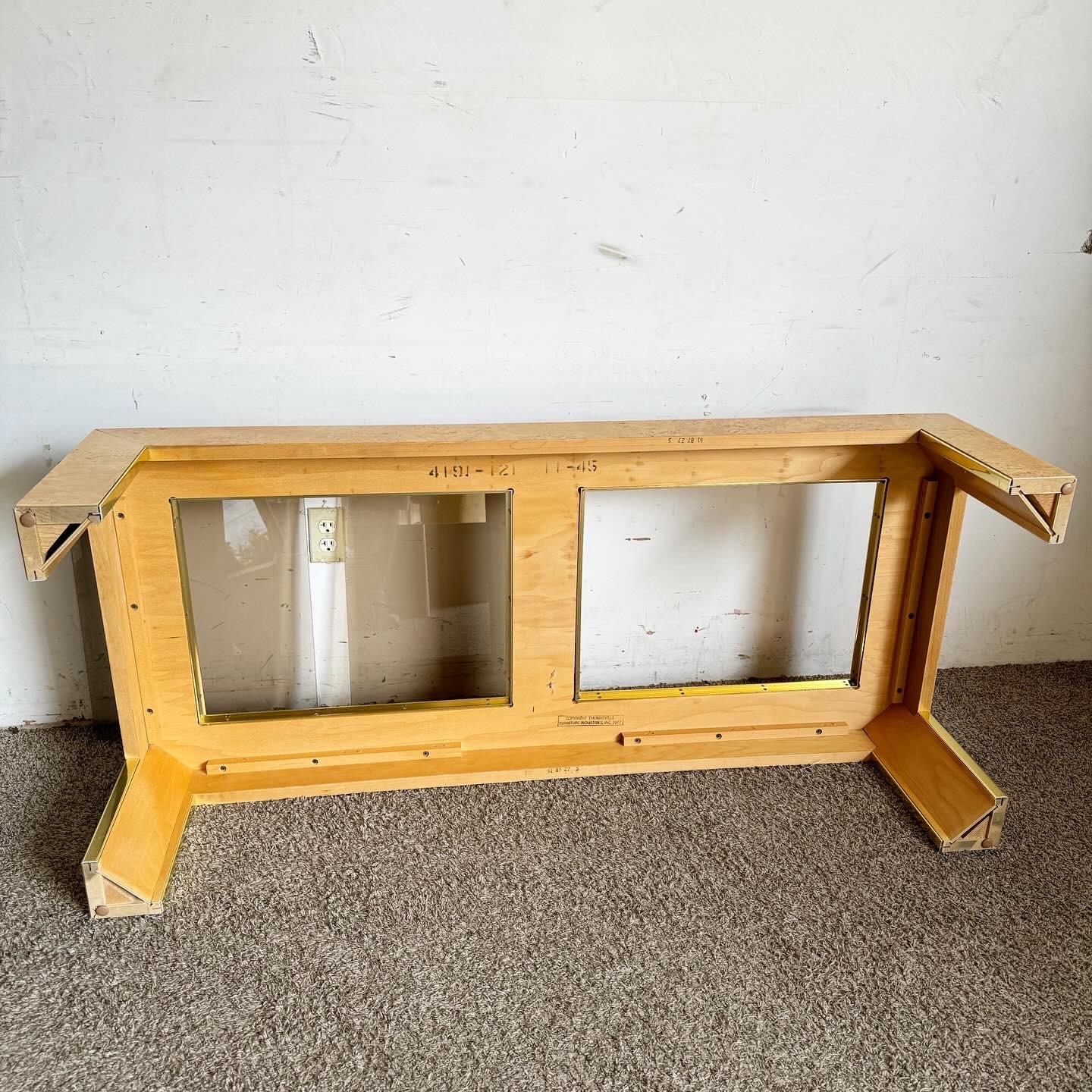 Mid Century Burl Wood Veneer Smoked Glass and Gold Coffee Table by Thomasville 5