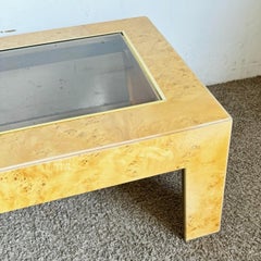 Mid Century Burl Wood Veneer Smoked Glass and Gold Coffee Table by Thomasville
