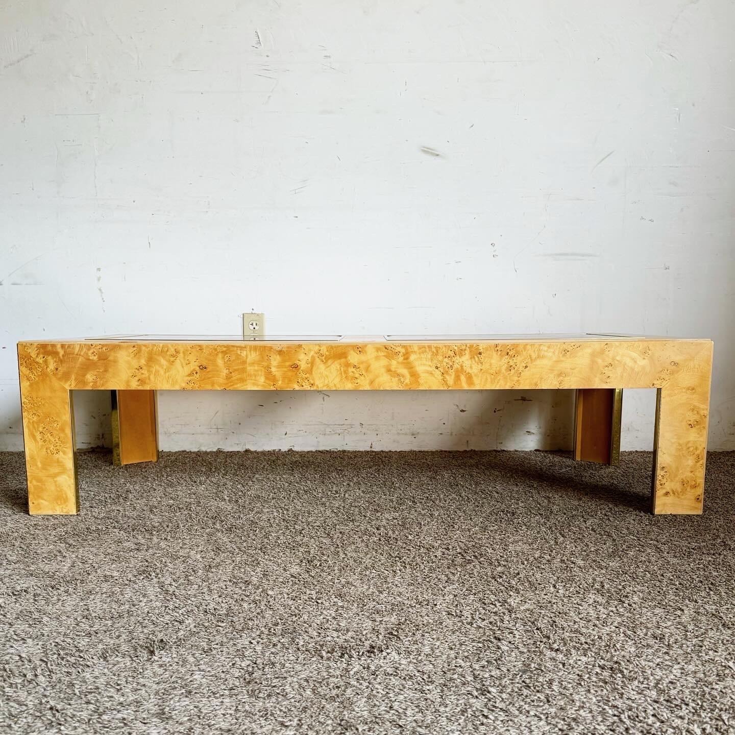 American Mid Century Burl Wood Veneer Smoked Glass and Gold Coffee Table by Thomasville