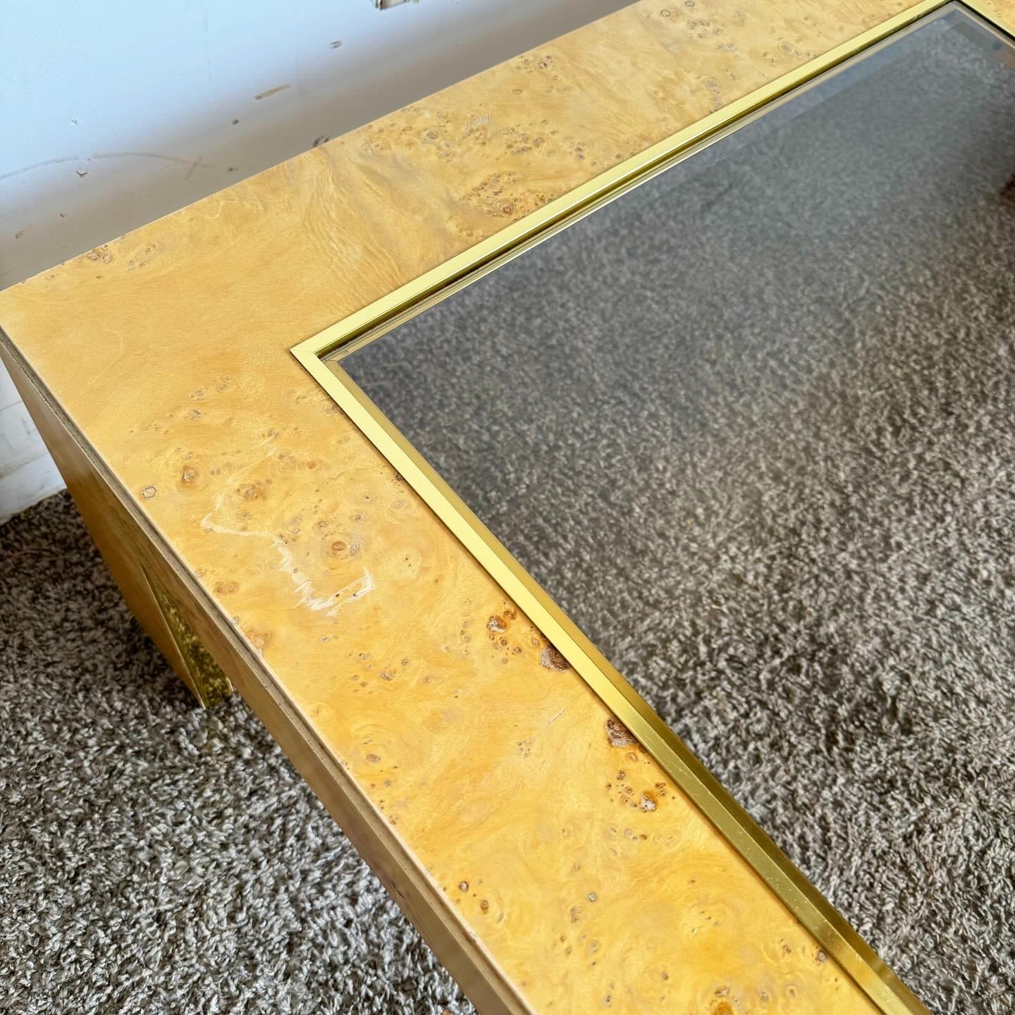 Mid Century Burl Wood Veneer Smoked Glass and Gold Coffee Table by Thomasville In Good Condition In Delray Beach, FL