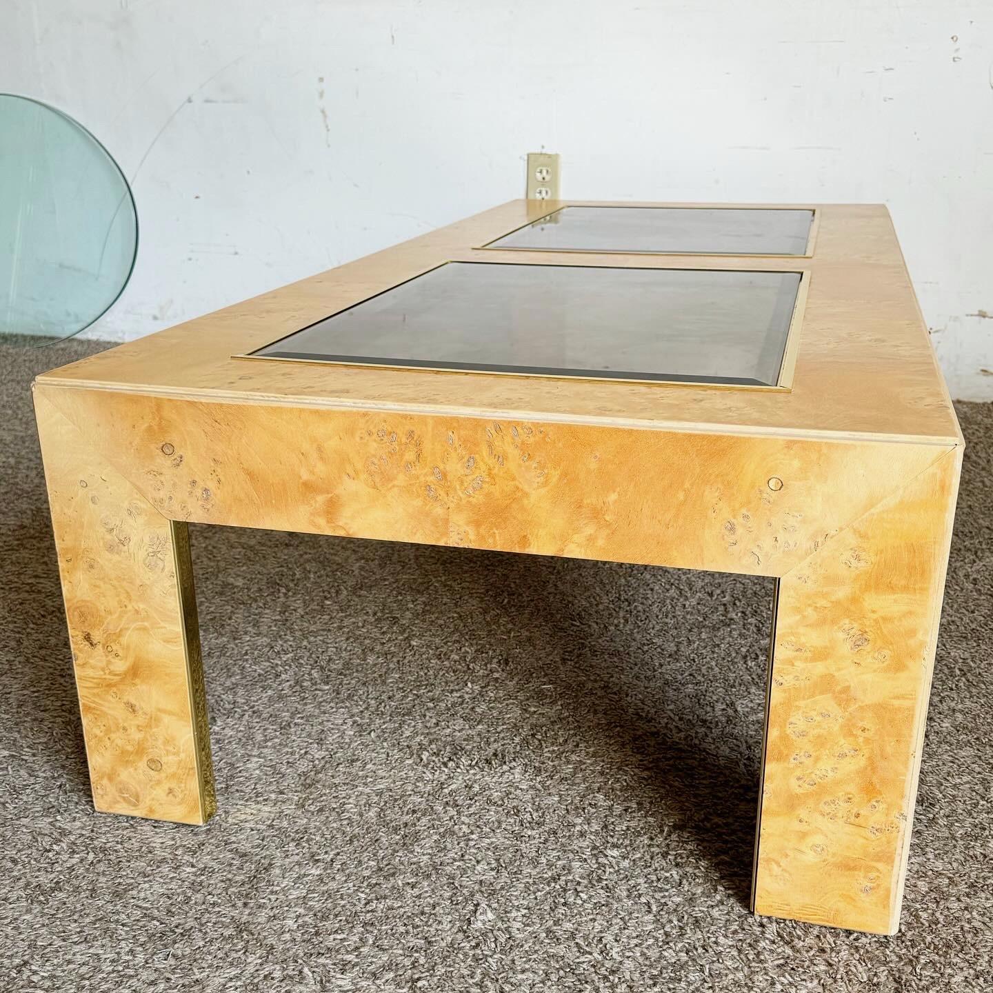Late 20th Century Mid Century Burl Wood Veneer Smoked Glass and Gold Coffee Table by Thomasville