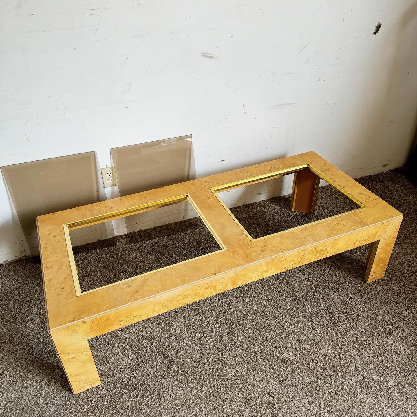 Mid Century Burl Wood Veneer Smoked Glass and Gold Coffee Table by Thomasville 1