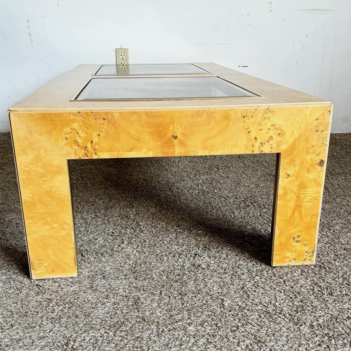 Mid Century Burl Wood Veneer Smoked Glass and Gold Coffee Table by Thomasville 2