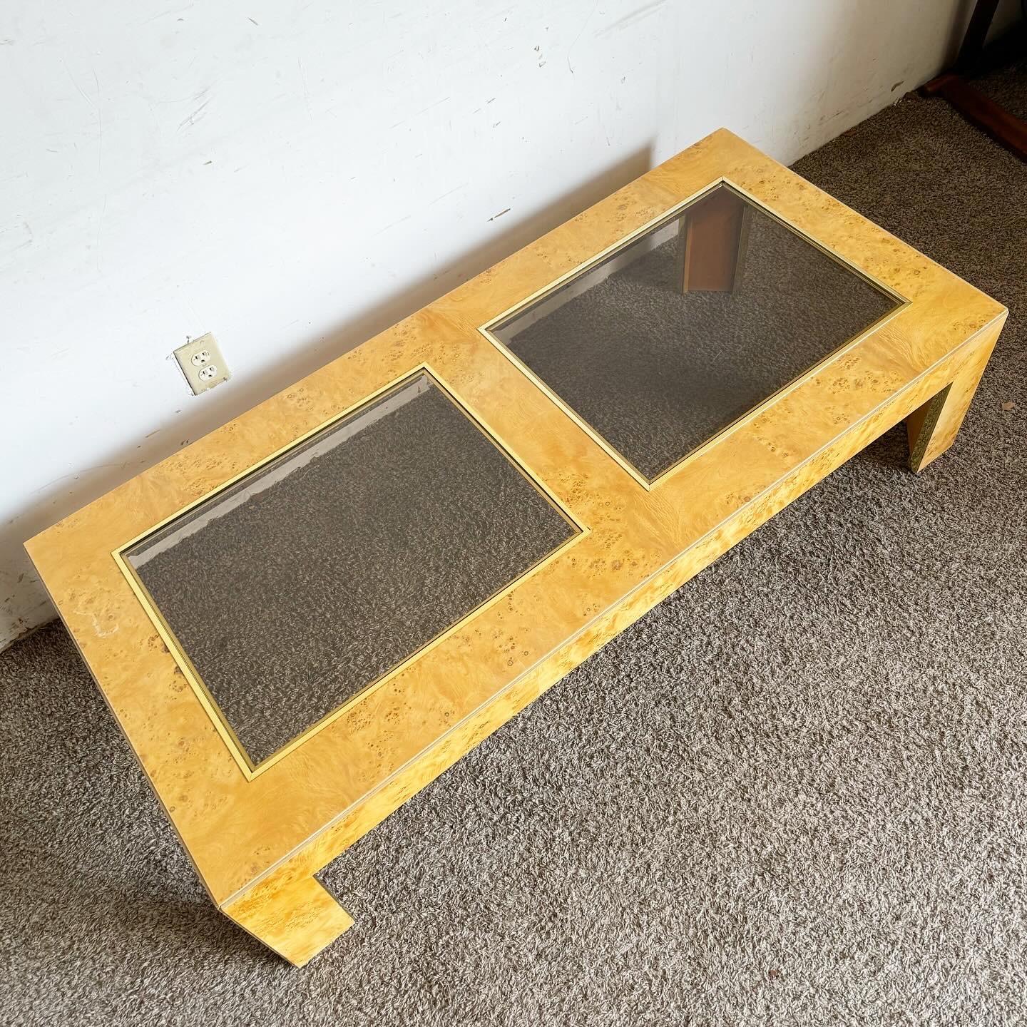 Mid Century Burl Wood Veneer Smoked Glass and Gold Coffee Table by Thomasville 3
