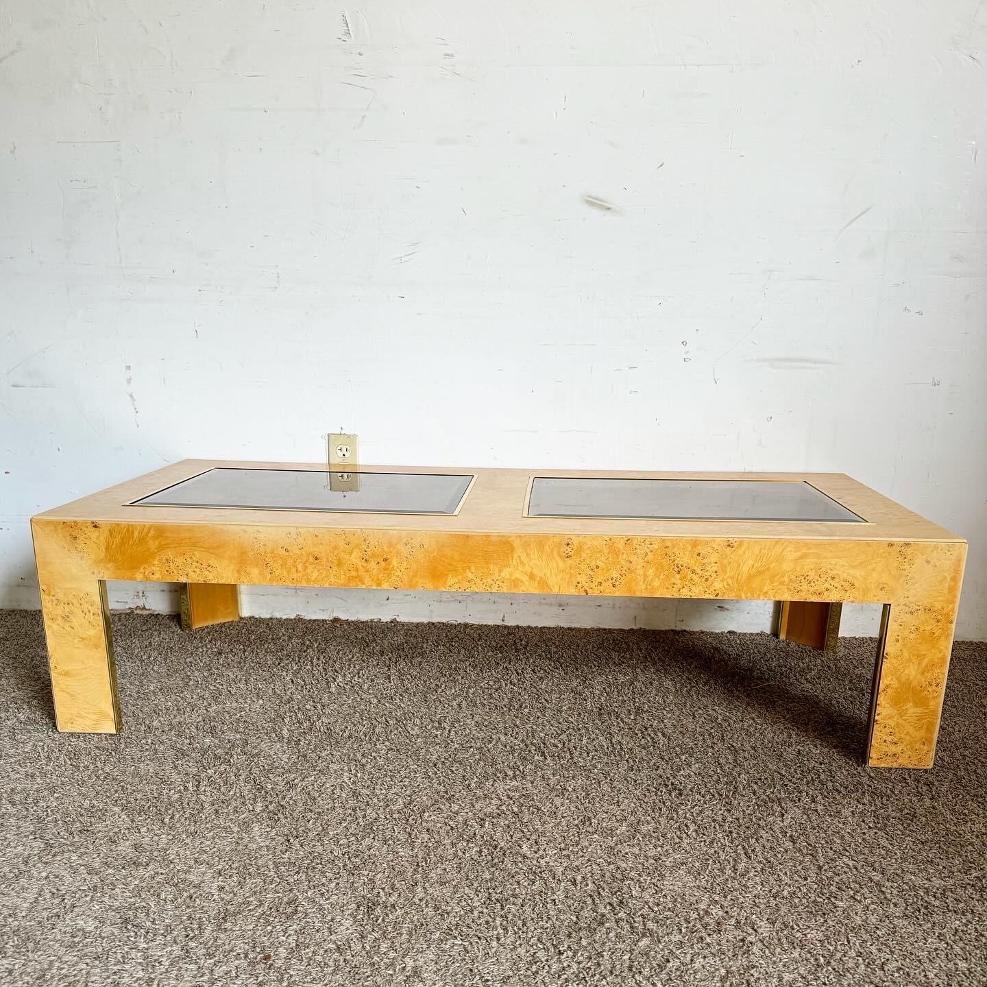 Mid Century Burl Wood Veneer Smoked Glass and Gold Coffee Table by Thomasville 4
