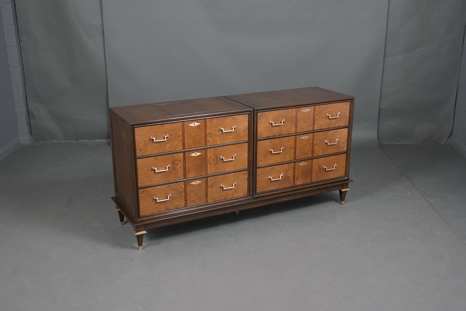 Vintage Burled Chest of Drawers with Brass Handles - Mid-Century Elegance For Sale 1
