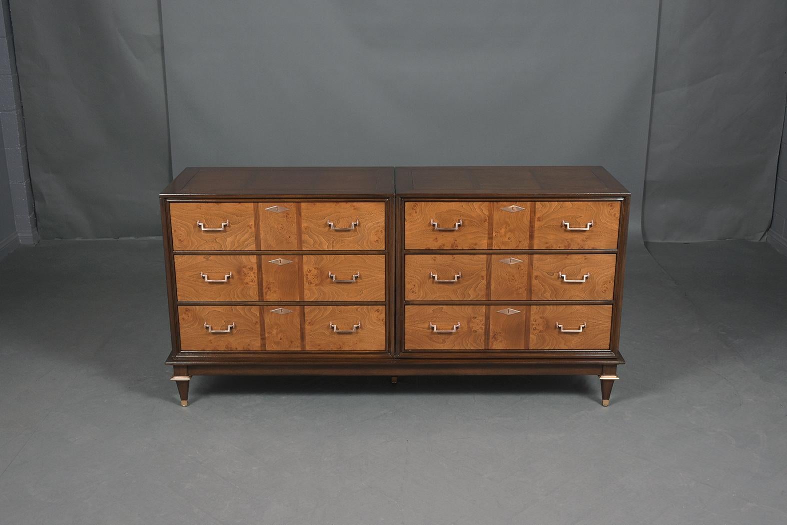 American Vintage Burled Chest of Drawers with Brass Handles - Mid-Century Elegance For Sale