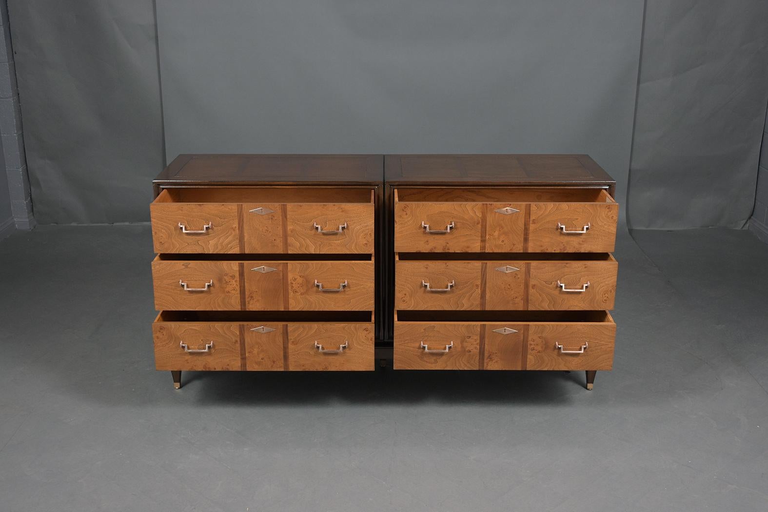 Vintage Burled Chest of Drawers with Brass Handles - Mid-Century Elegance In Good Condition For Sale In Los Angeles, CA