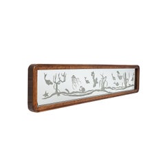 Mid-Century Burled Walnut Bordered Mirror W/ Graphic Acid Etched Oceanic Motif