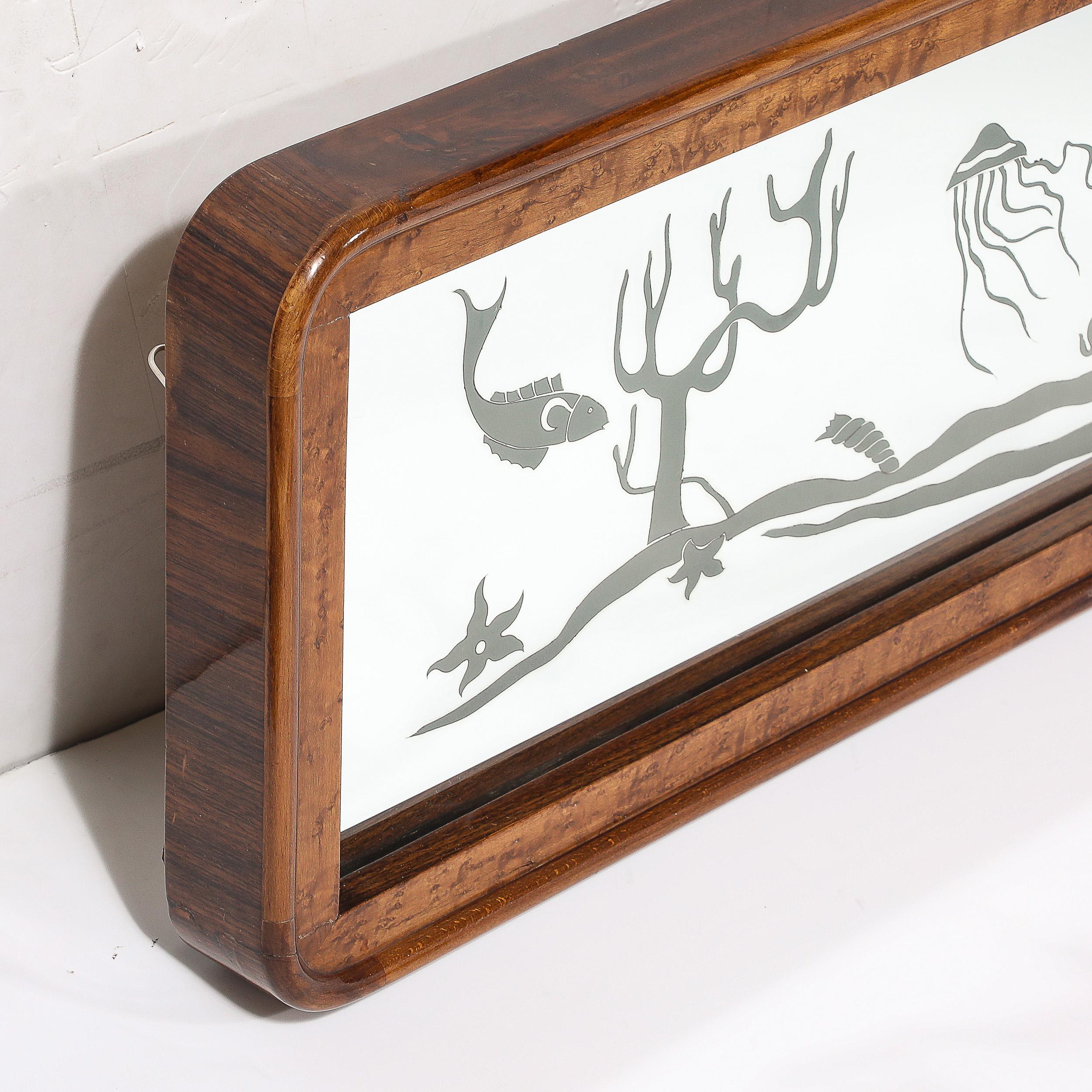 Mid-Century Burled Walnut Bordered Mirror W/ Graphic Acid Etched Oceanic Motif For Sale 3