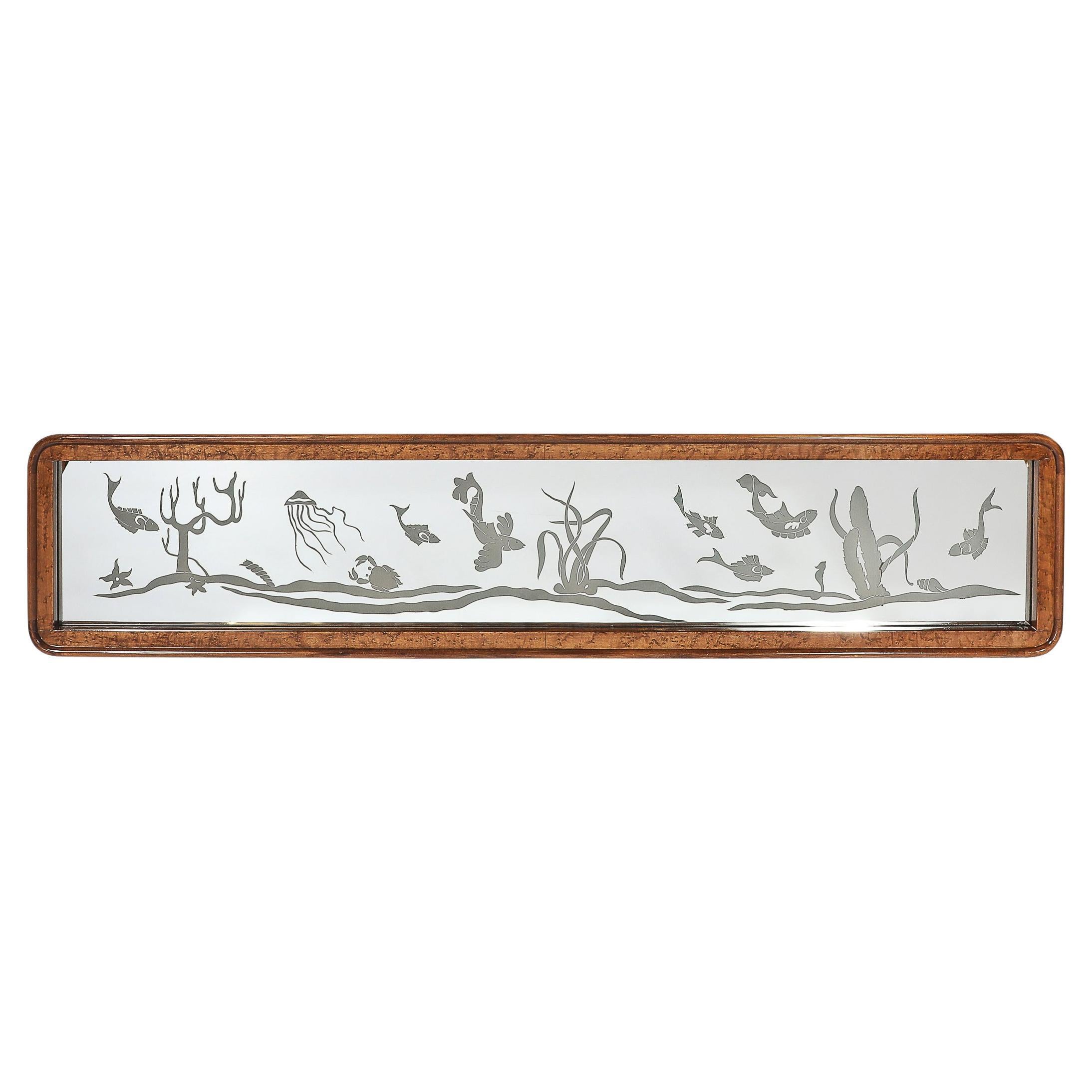 Mid-Century Burled Walnut Bordered Mirror W/ Graphic Acid Etched Oceanic Motif For Sale