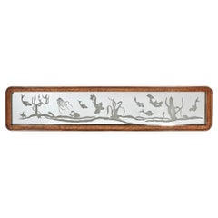 Mid-Century Burled Walnut Bordered Mirror W/ Graphic Acid Etched Oceanic Motif