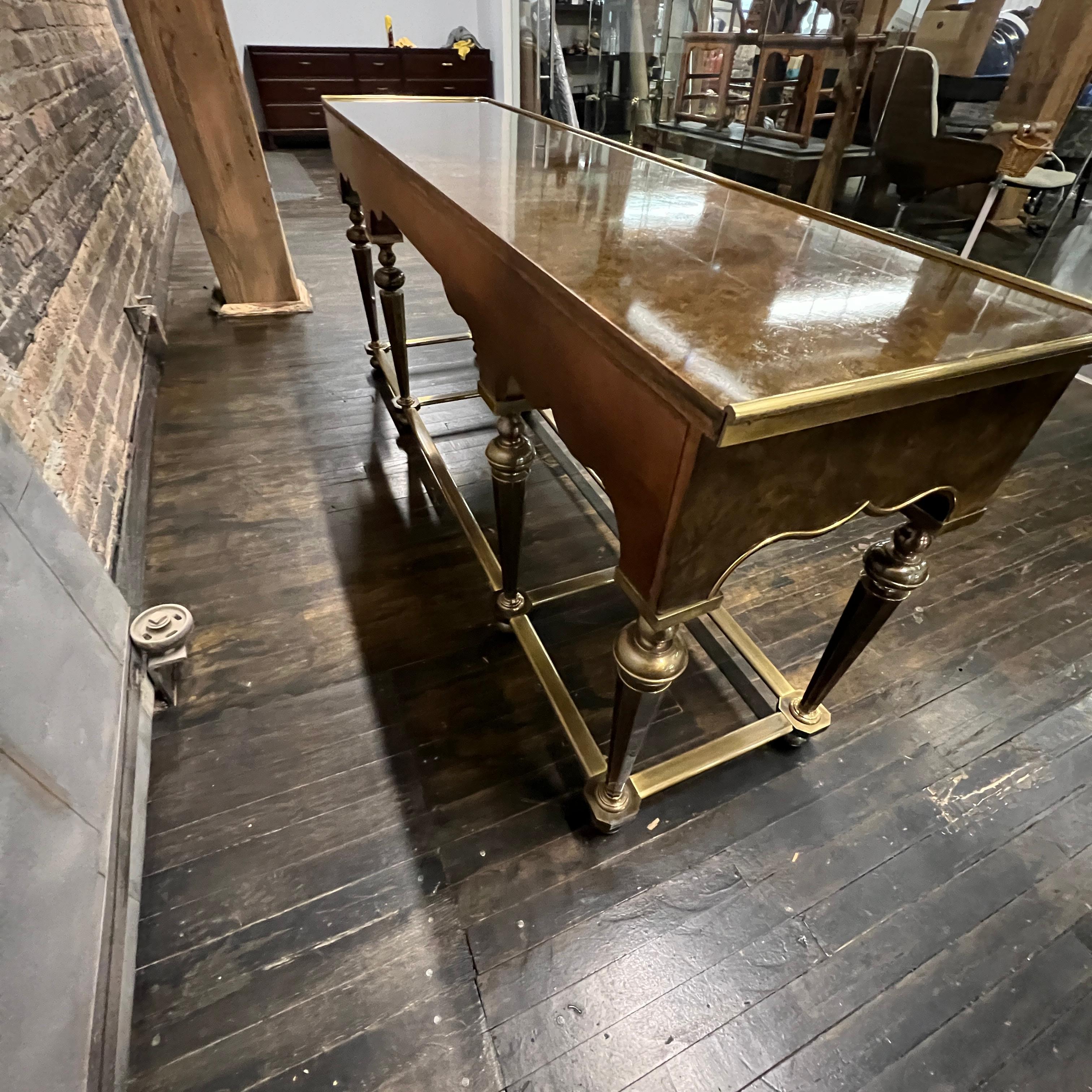 Mid-Century Burlwood and Brass Console Table Attributed to Mastercraft For Sale 1