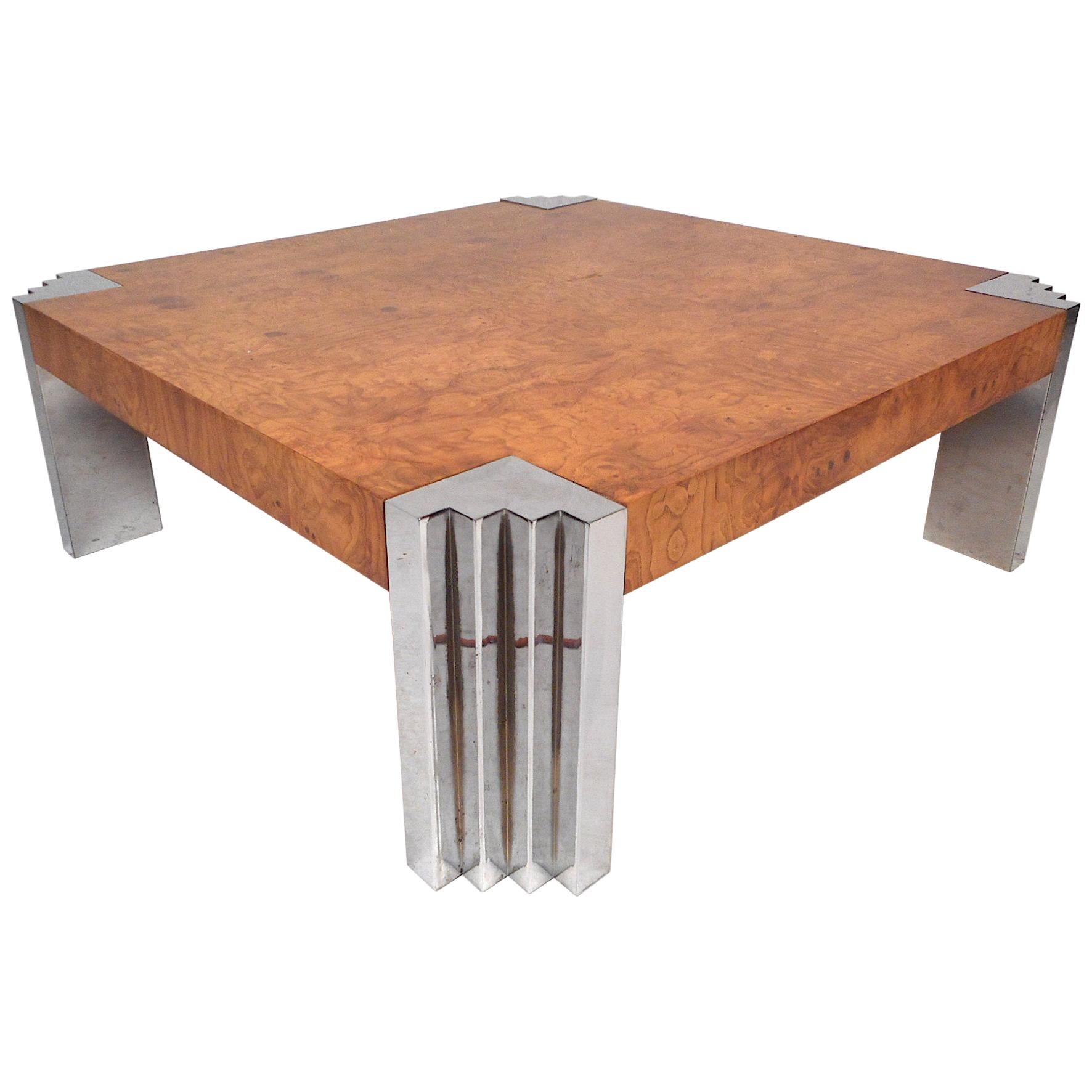 Midcentury Burl Wood and Chrome Coffee Table after Baughman
