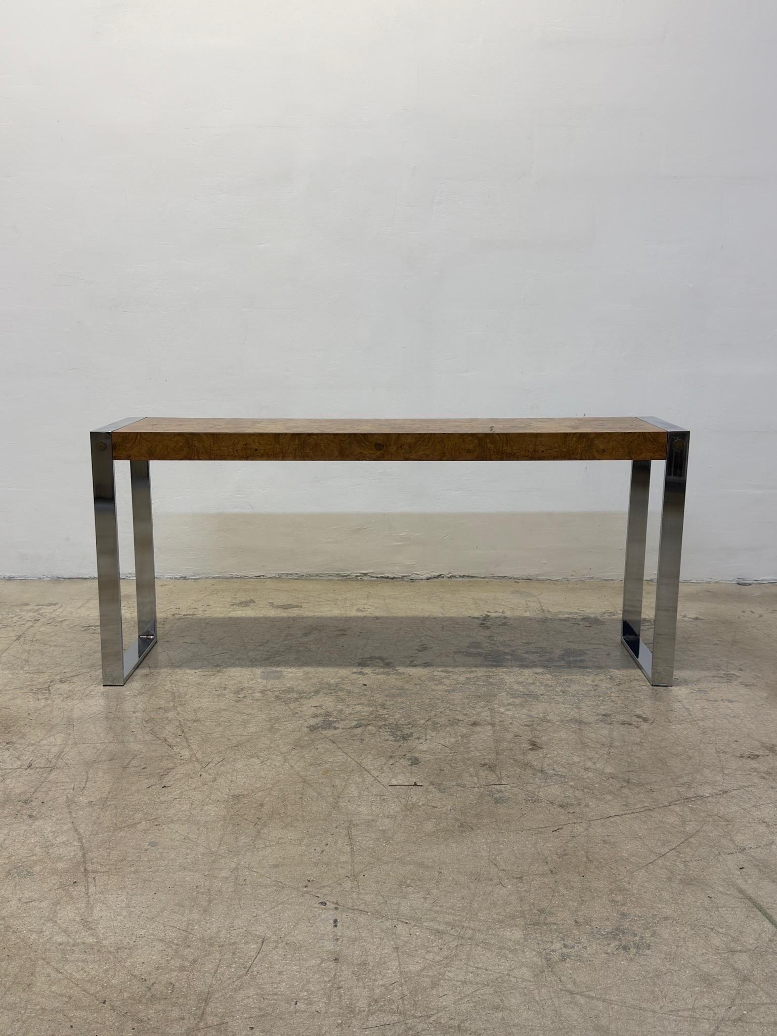 American Mid-Century Burlwood and Chrome Console or Entry Way Table by Drexel For Sale