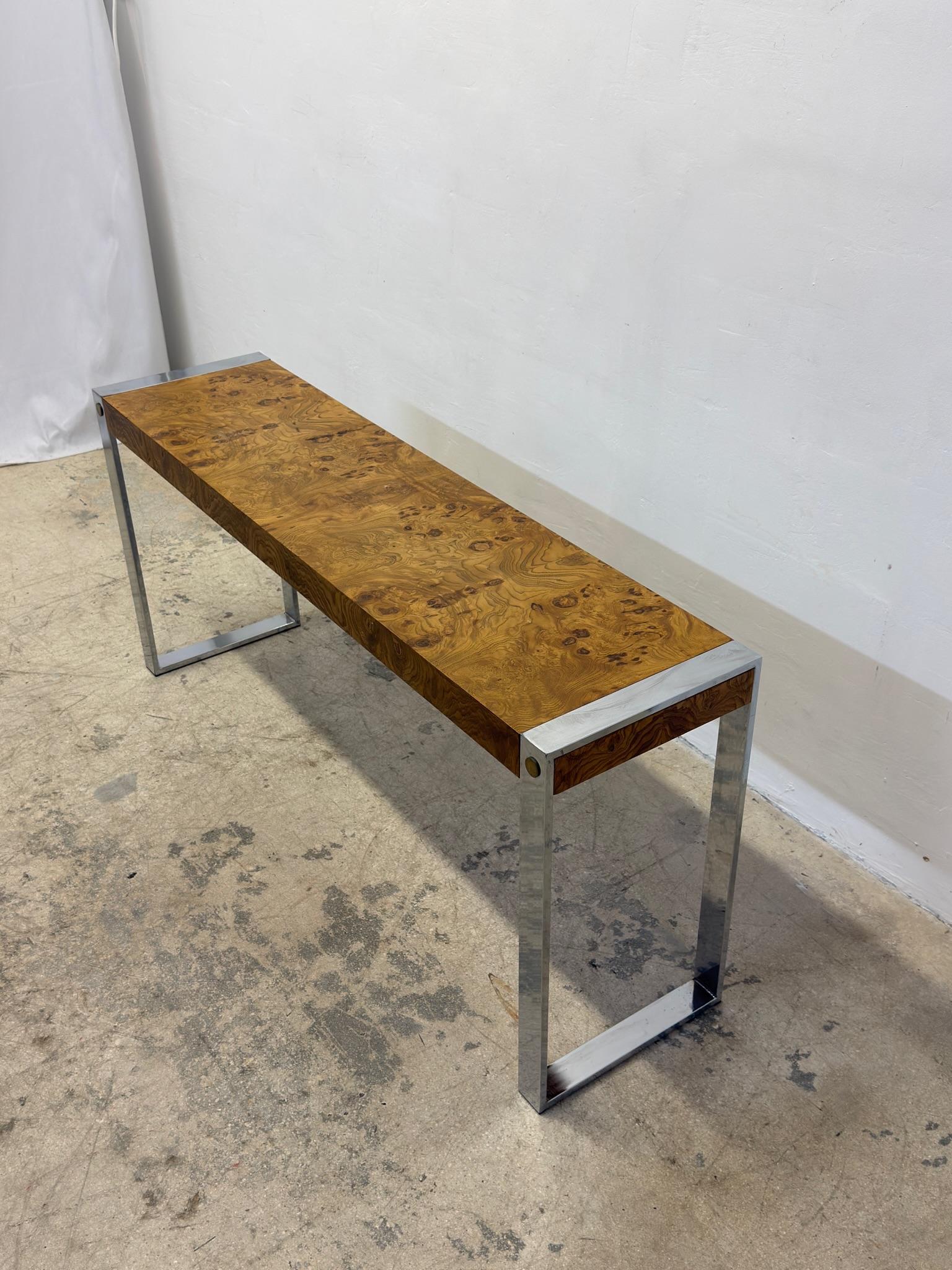 20th Century Mid-Century Burlwood and Chrome Console or Entry Way Table by Drexel For Sale