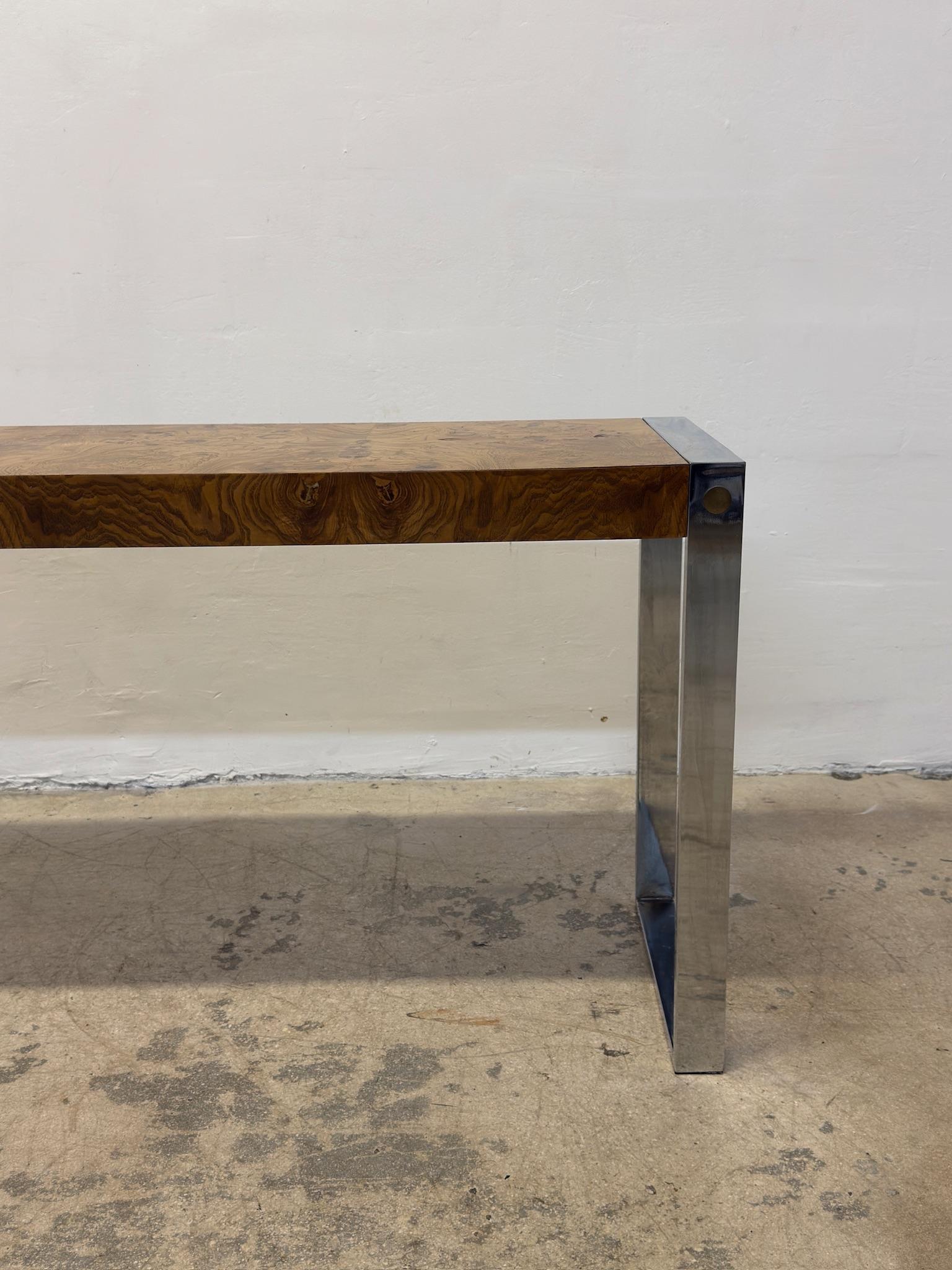 Mid-Century Burlwood and Chrome Console or Entry Way Table by Drexel For Sale 3