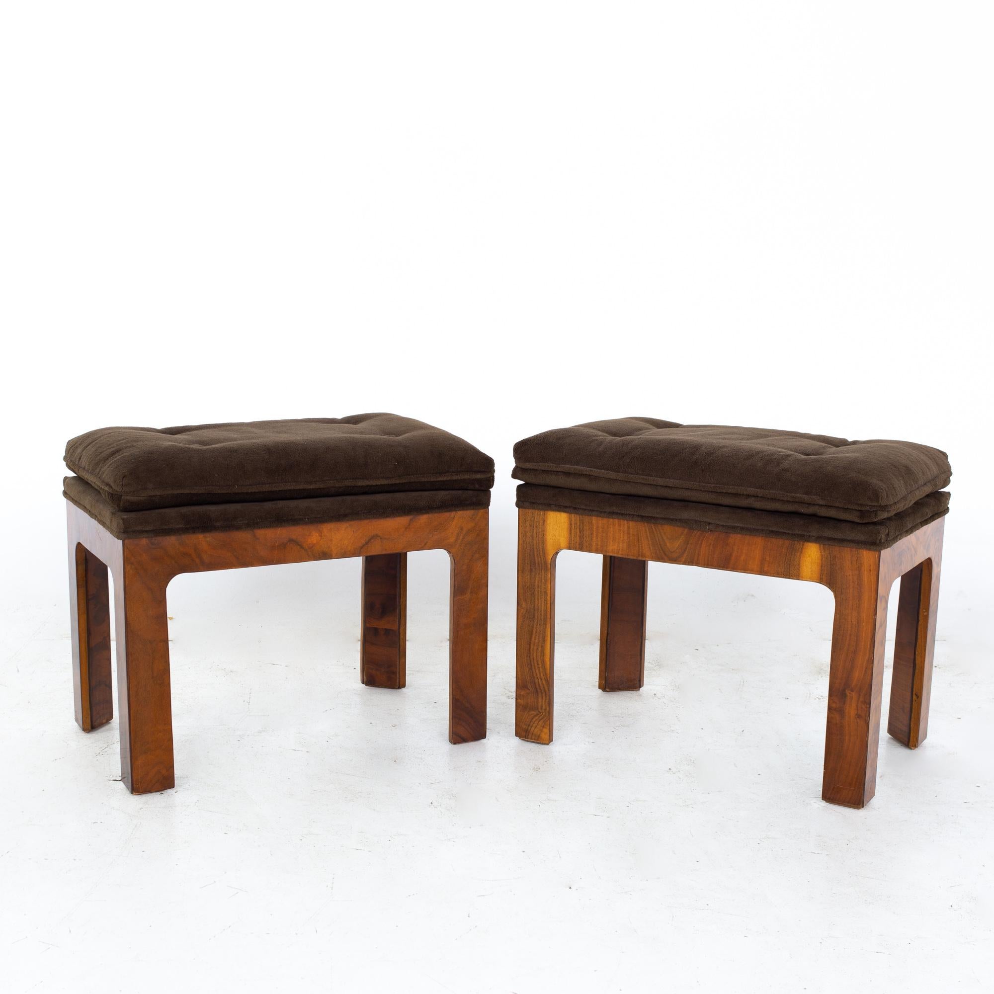 mid century burlwood bench stool ottomans - a pair
Each ottoman measures: 22 wide x 14 deep x 18 high, with a seat height of 18 inches

All pieces of furniture can be had in what we call restored vintage condition. That means the piece is