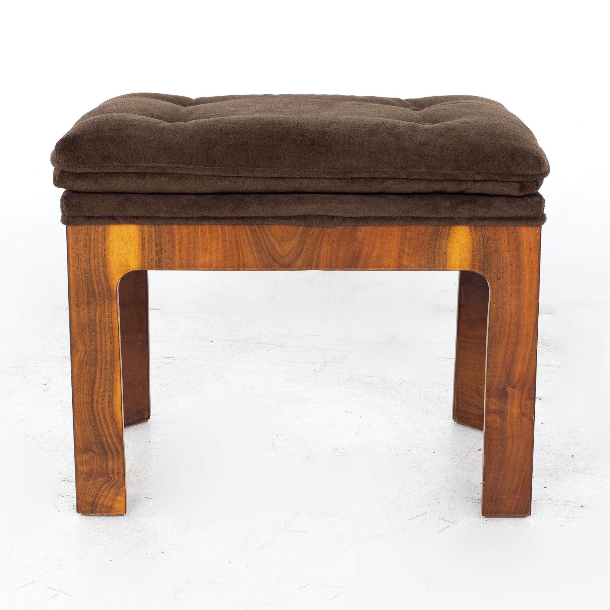 Upholstery Mid Century Burlwood Bench Stool Ottomans, a Pair