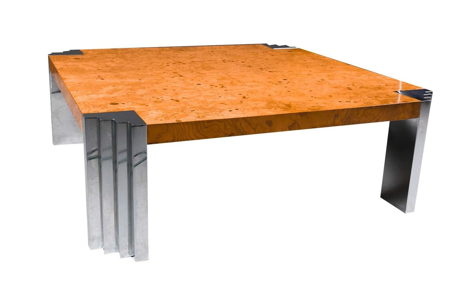 Mid-Century Modern Table basse chromée mi-siècle en bois de ronce de style Milo Baughman en vente