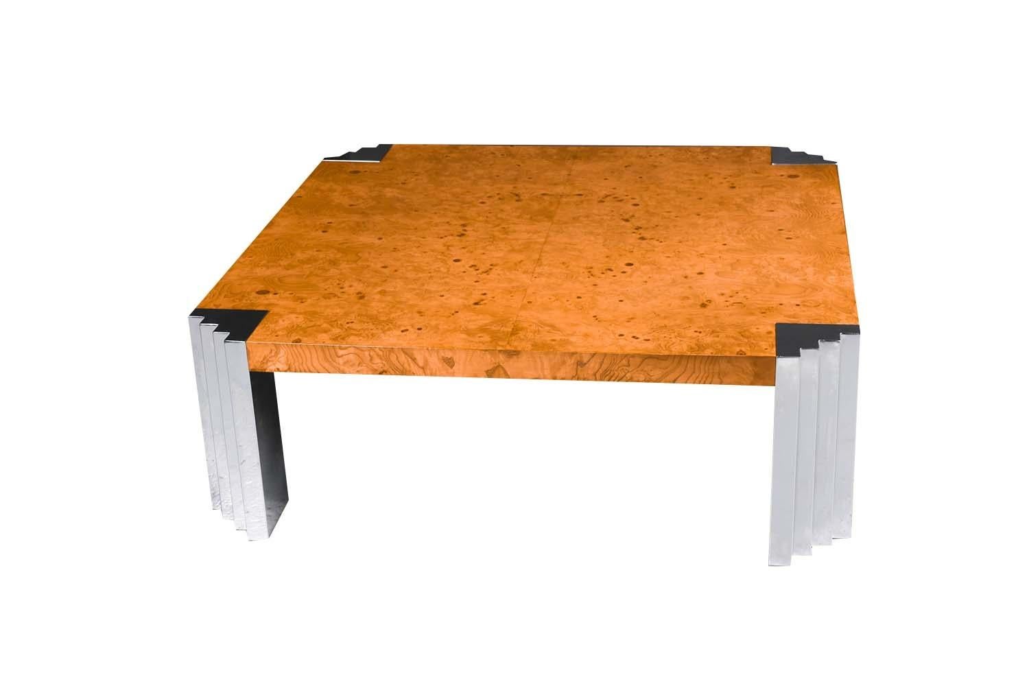 Table basse chromée mi-siècle en bois de ronce de style Milo Baughman Bon état - En vente à Baltimore, MD