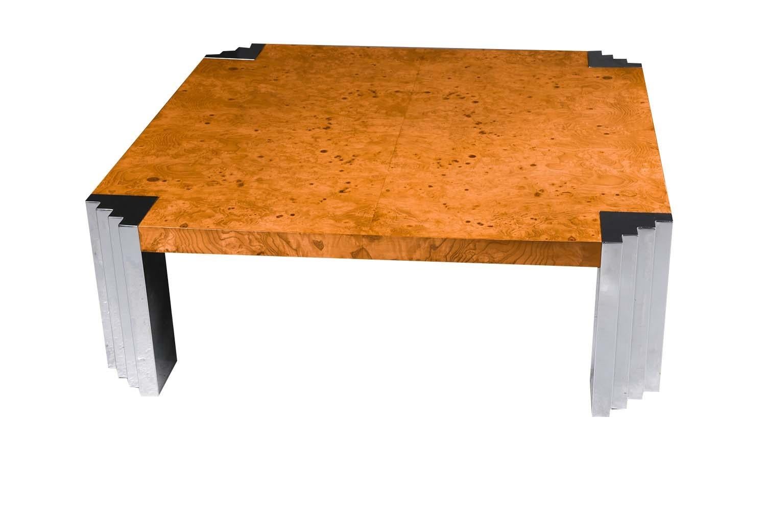 Fin du 20e siècle Table basse chromée mi-siècle en bois de ronce de style Milo Baughman en vente