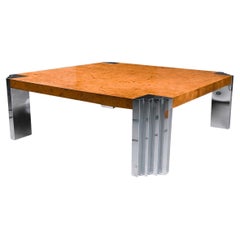 Table basse chromée mi-siècle en bois de ronce de style Milo Baughman