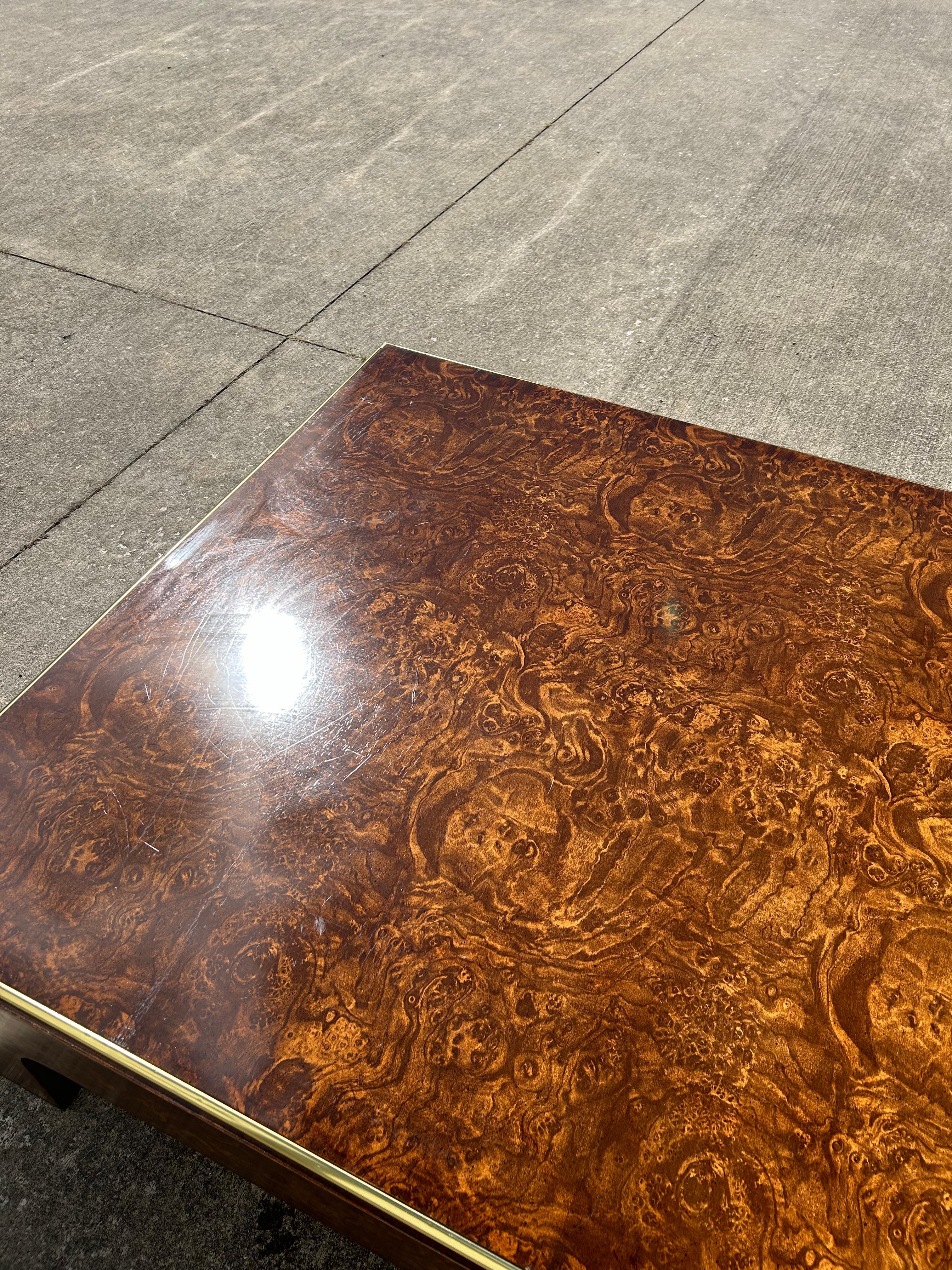 Mid-Century Burlwood Cocktail Table with Brass Details 4
