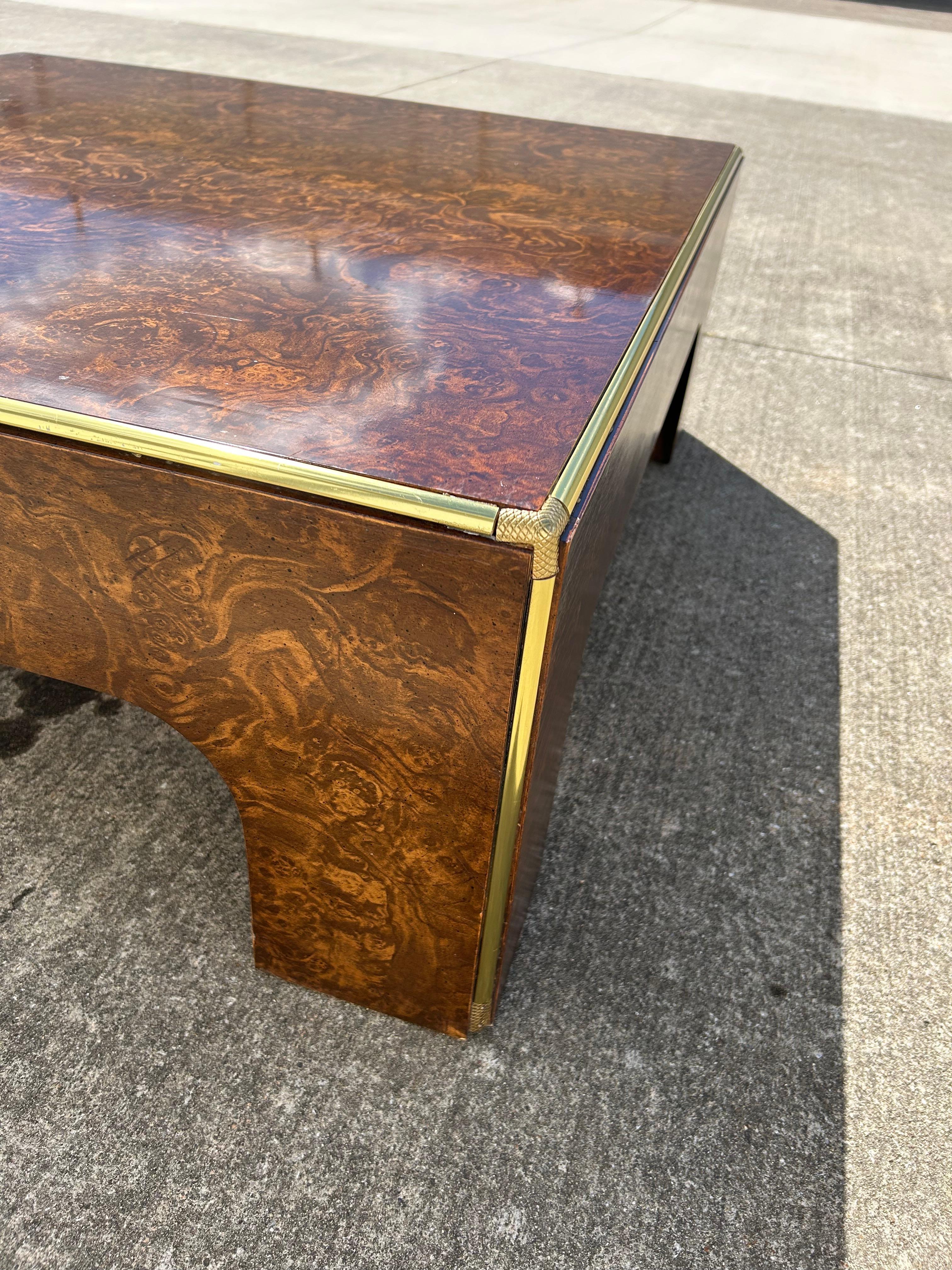 Mid-Century Burlwood Cocktail Table with Brass Details 5