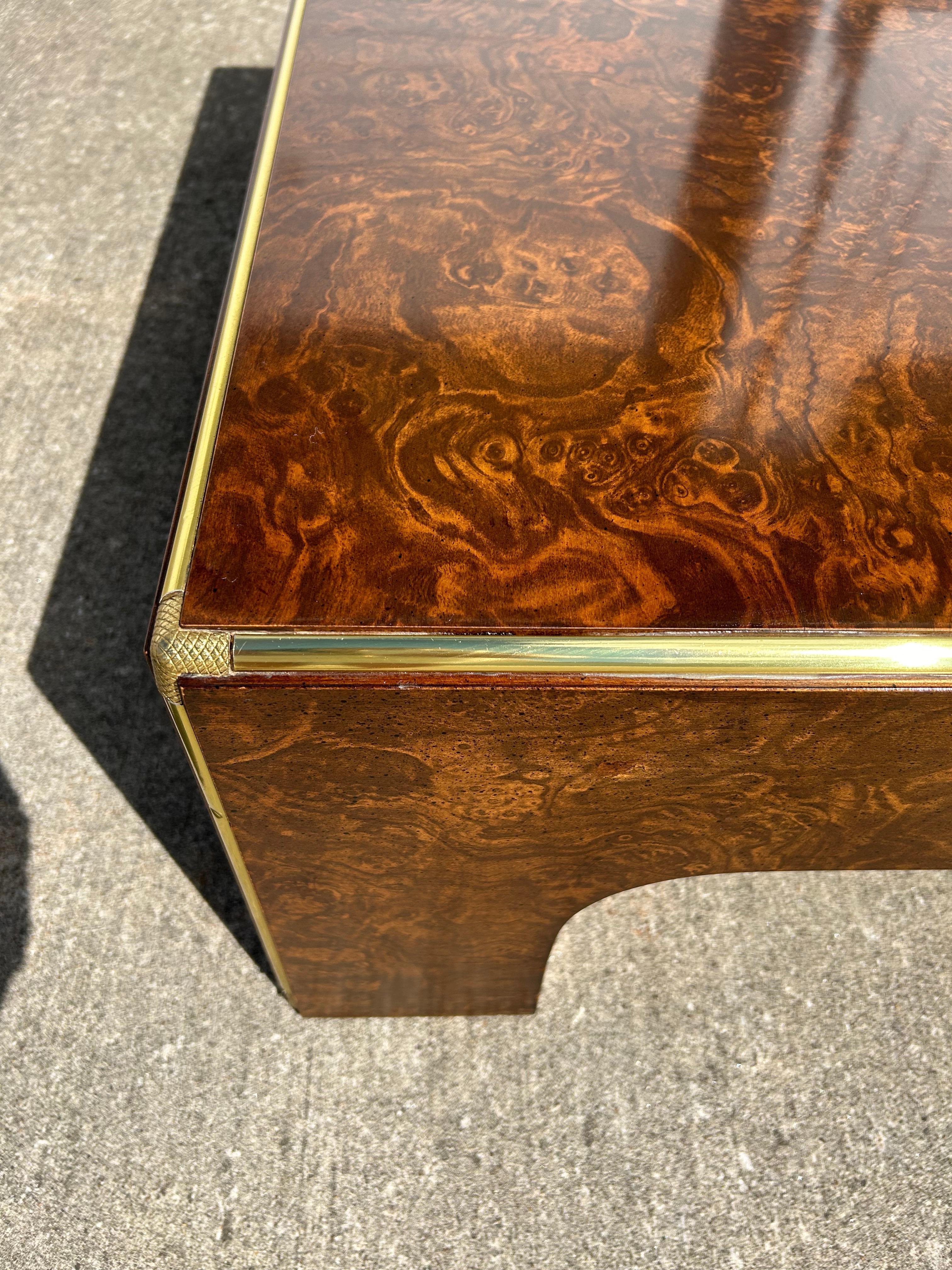 American Mid-Century Burlwood Cocktail Table with Brass Details