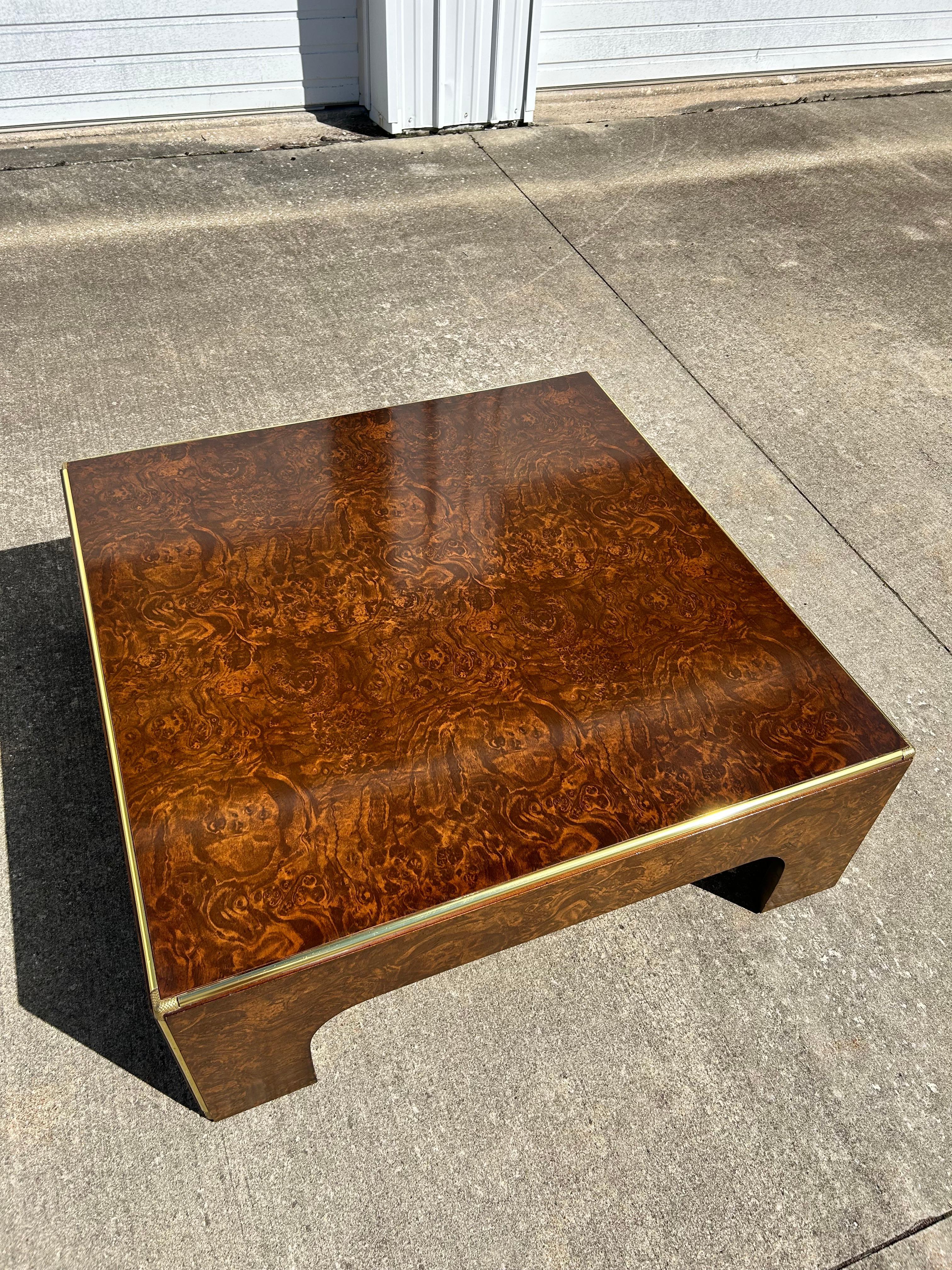 Late 20th Century Mid-Century Burlwood Cocktail Table with Brass Details