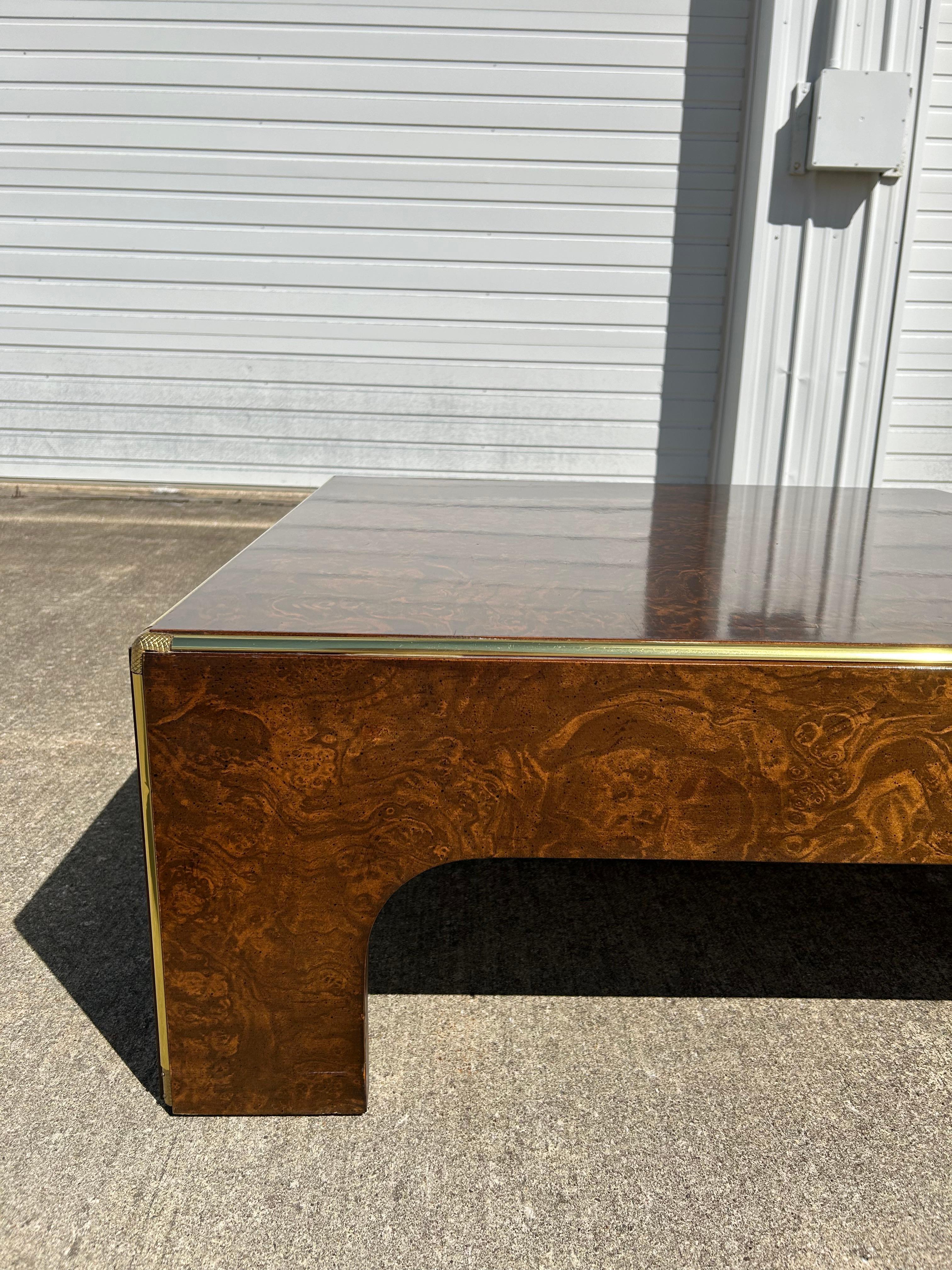 Mid-Century Burlwood Cocktail Table with Brass Details 1