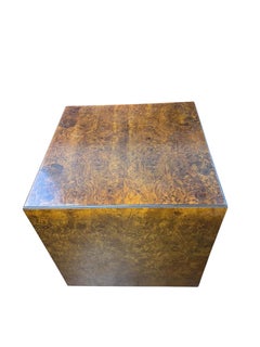 Mid Century Burlwood Cube Side Table in the Style of Milo Baughman