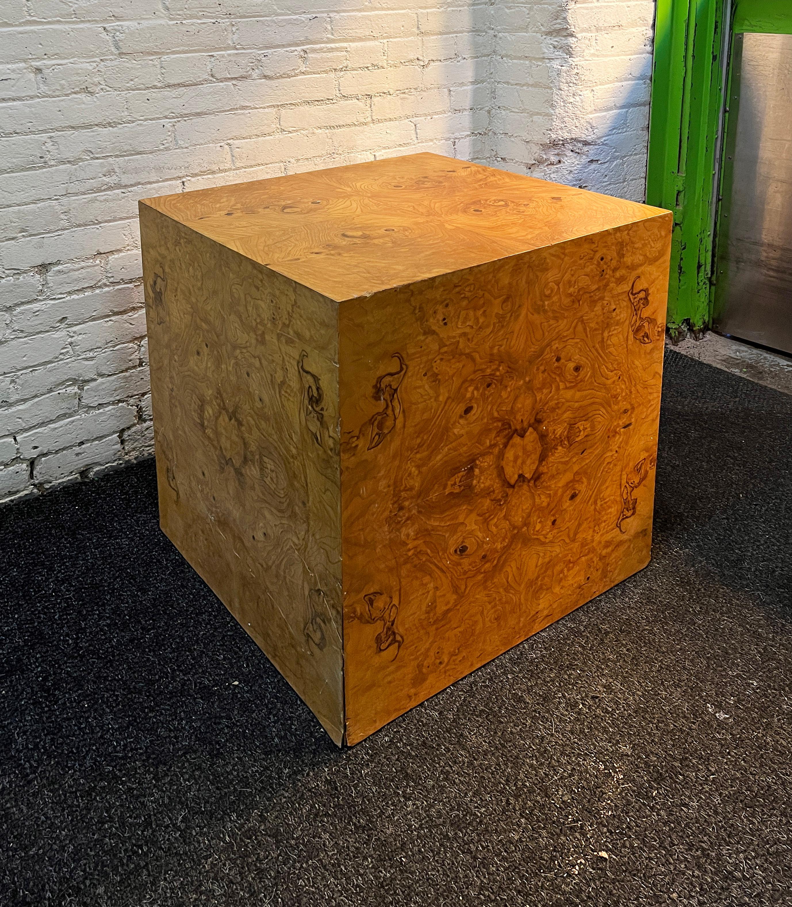 American Midcentury Burlwood Cube Side Table / Pedestal Attributed to Milo Baughman, 1970 For Sale