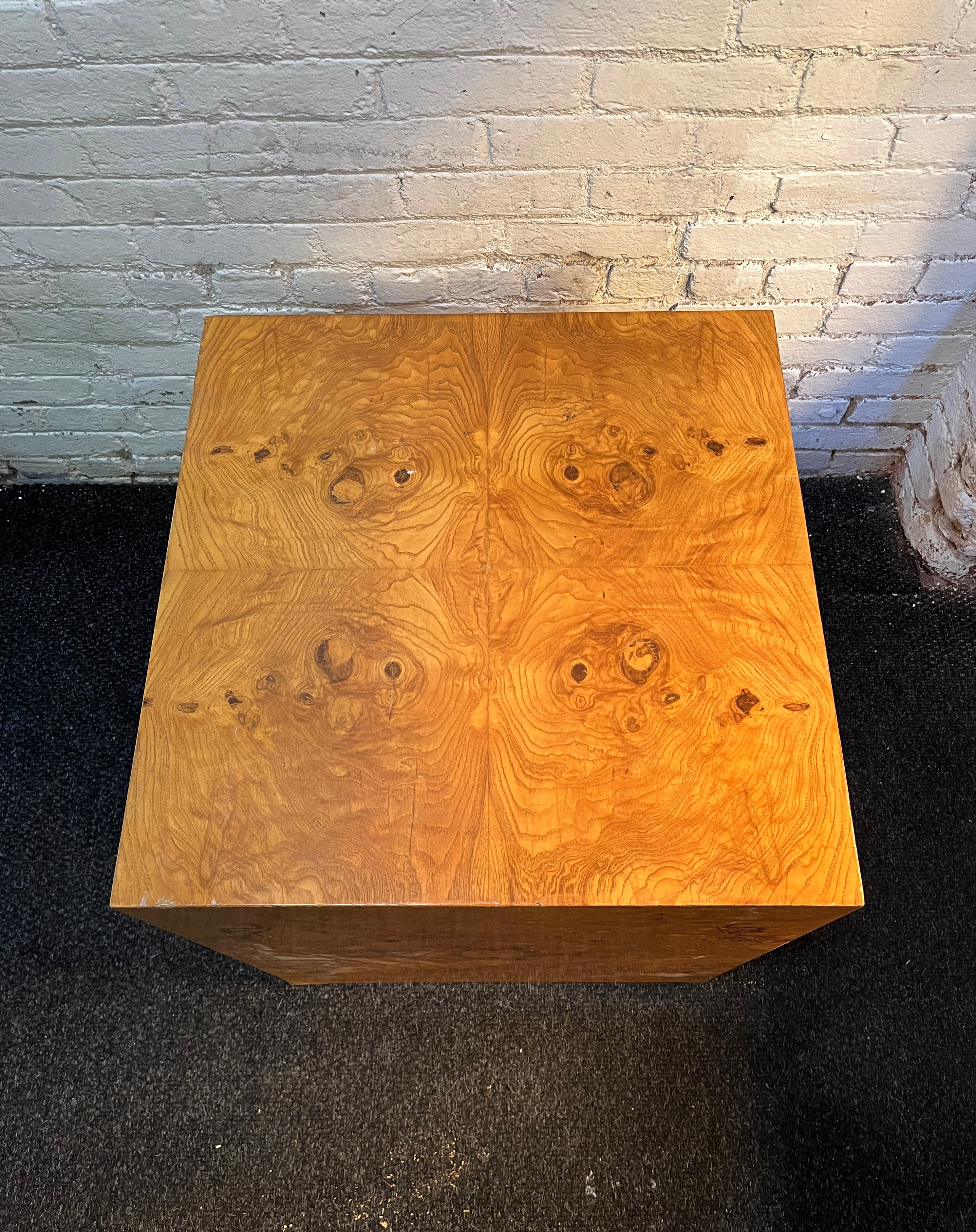 Hand-Crafted Midcentury Burlwood Cube Side Table / Pedestal Attributed to Milo Baughman, 1970 For Sale