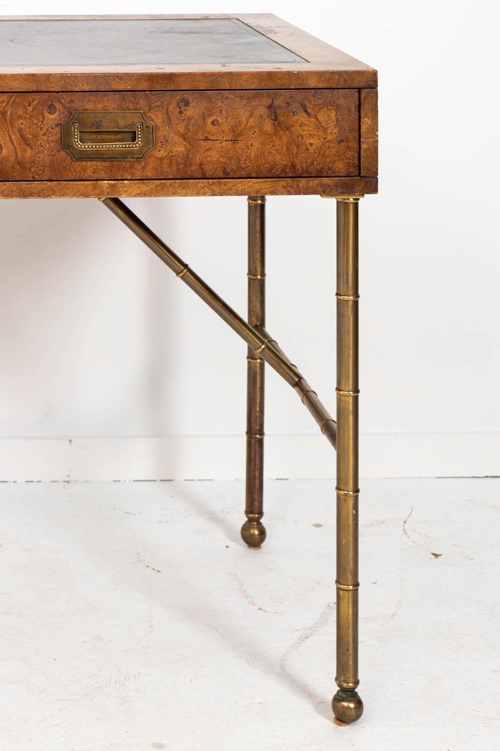 Brass Midcentury Burlwood Desk with Leather Top by Mastercraft 