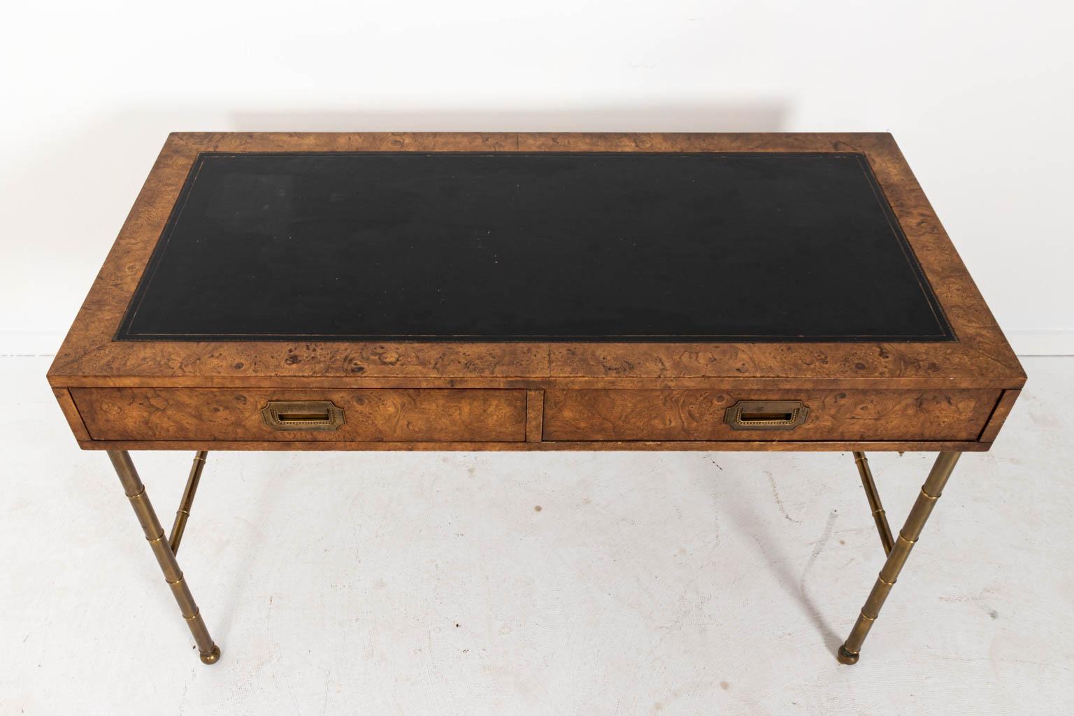 Midcentury Burlwood Desk with Leather Top by Mastercraft  1