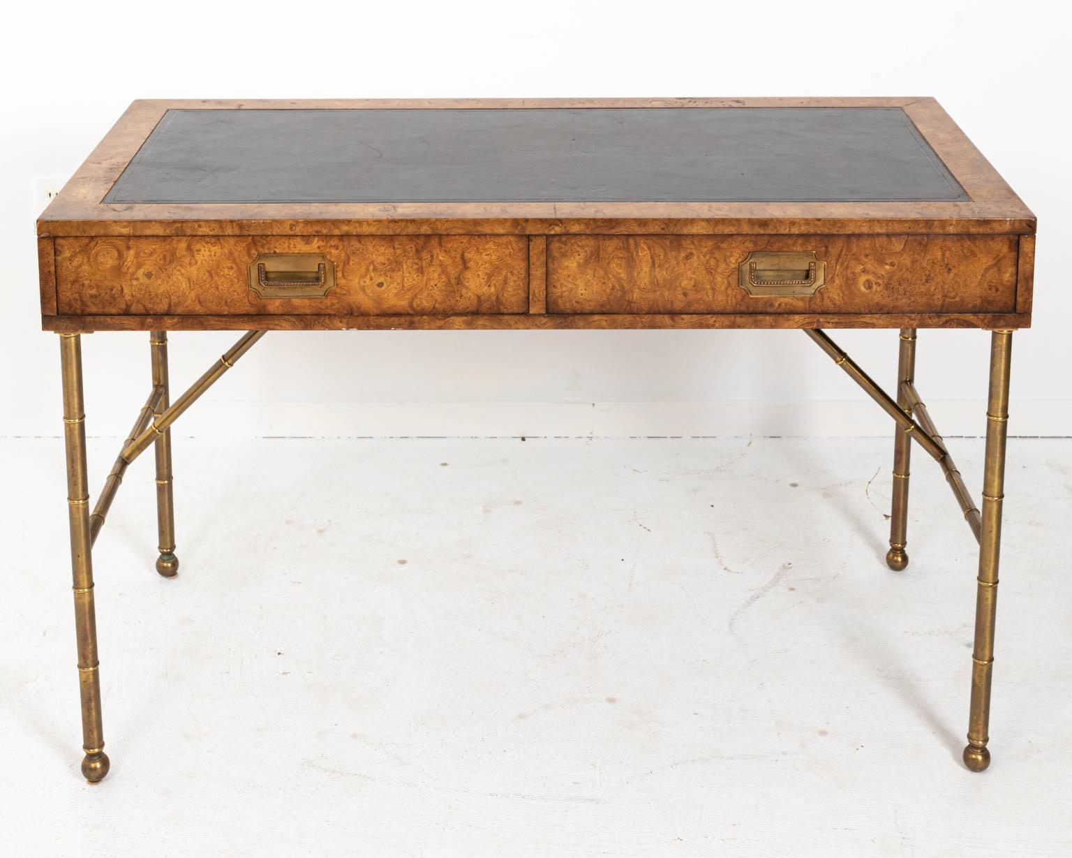 American Midcentury Burlwood Desk with Leather Top by Mastercraft 