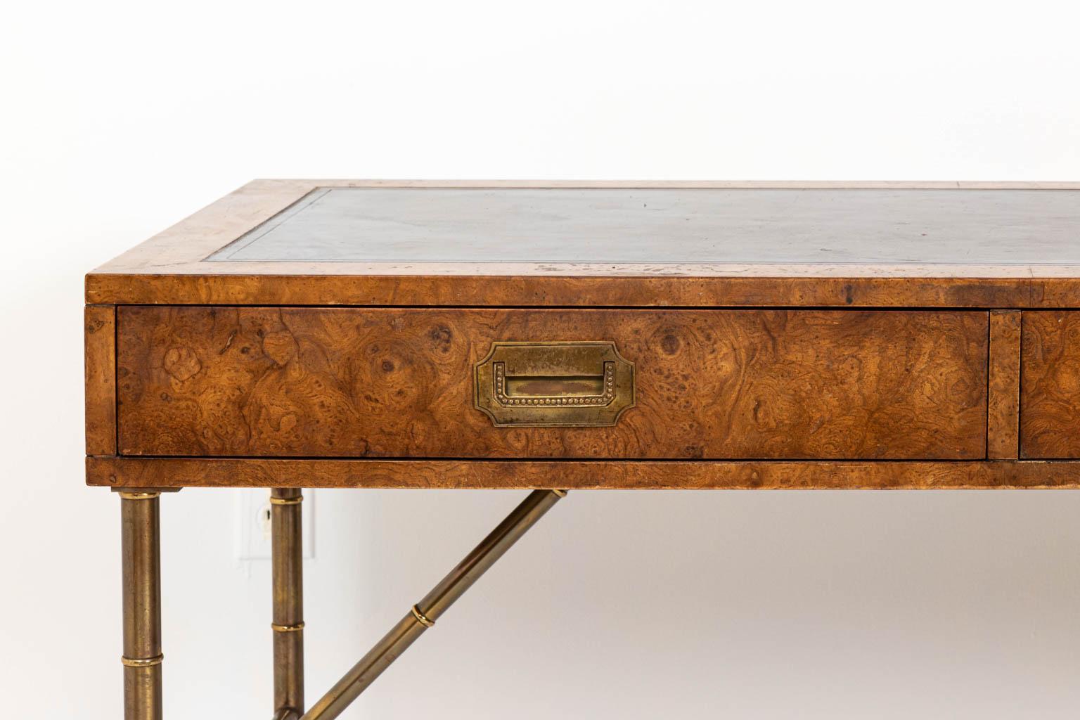 Midcentury Burlwood Desk with Leather Top by Mastercraft  In Good Condition In Stamford, CT